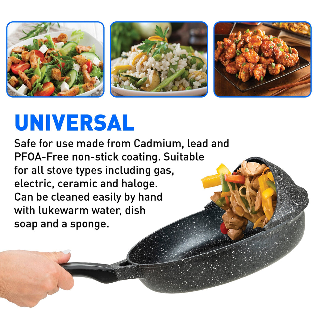 Professional Flip Frying Pan 11” – Fry Pan W/3 Layer Cast Non-Stick Coating – PFOA Free - Marble Finish - Patent Pending