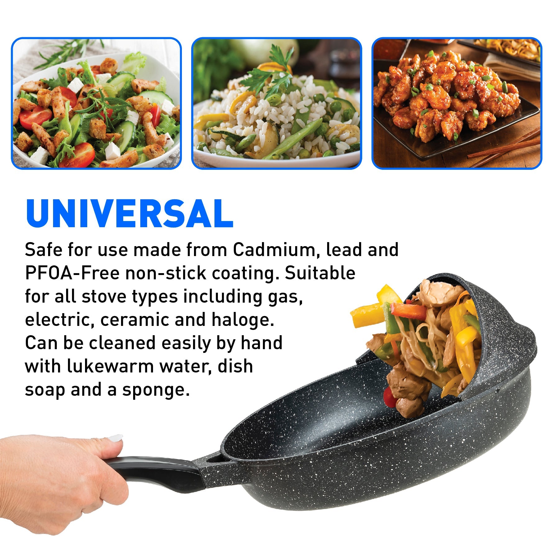 Professional Flip Frying Pan 11” – Fry Pan W/3 Layer Cast Non-Stick Coating – PFOA Free - Marble Finish - Patent Pending