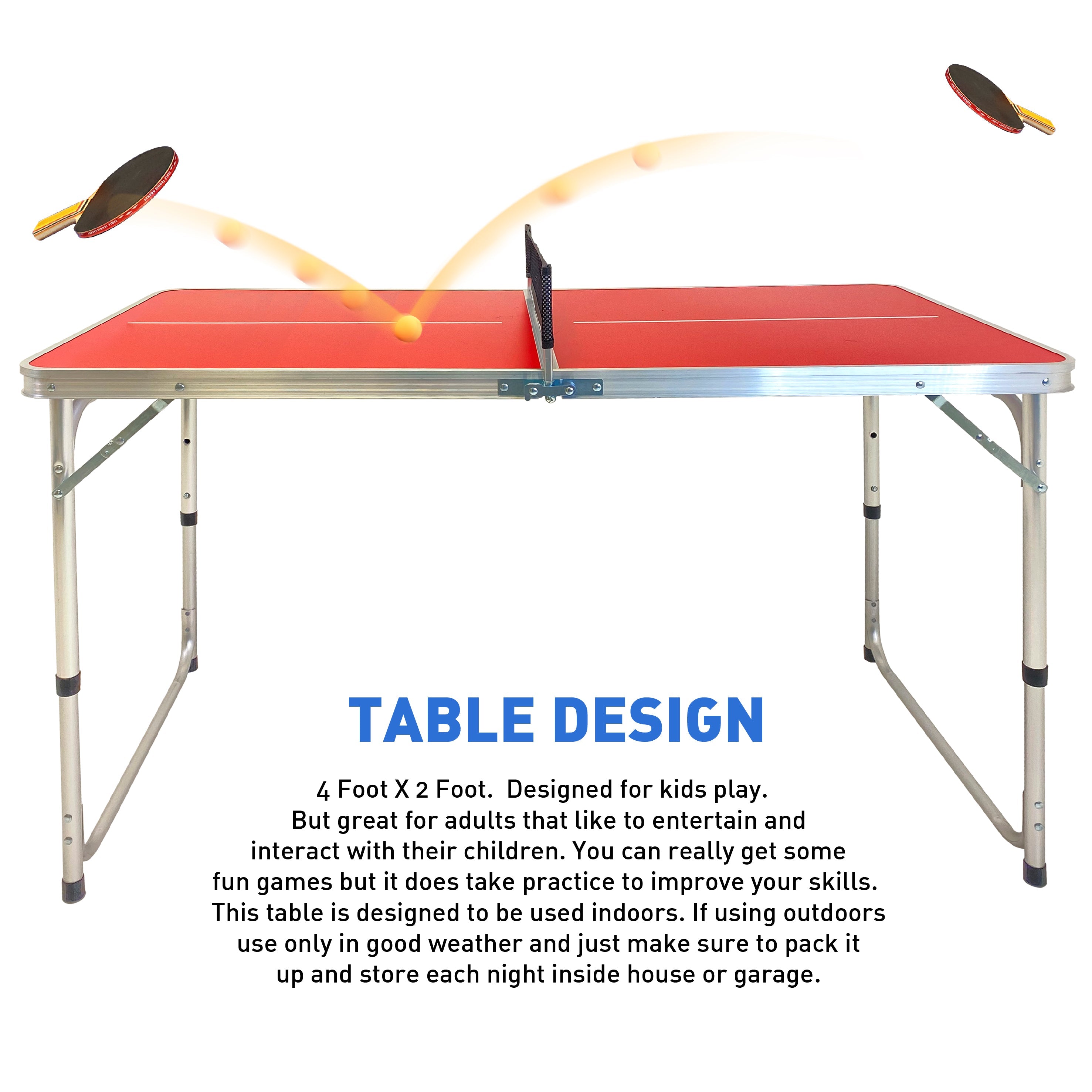 Mini Kids Ping Pong Table Tennis – Space Saving & Easy Storage – Includes (2) Regulation Paddles (4) Balls and (1) Net – Table Size 4 Foot X 2 Foot – Legs 24”-28” Tall - RED