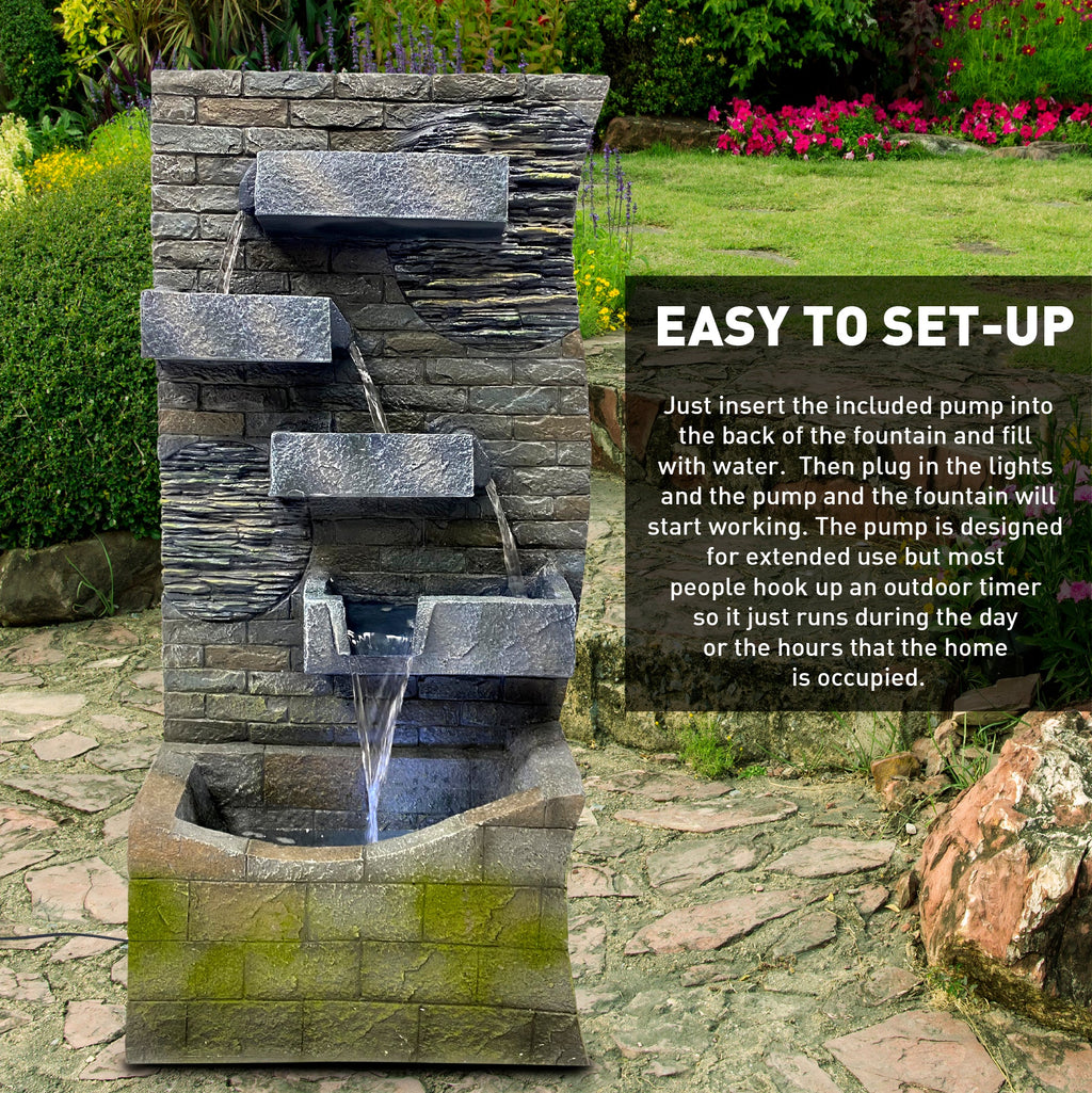 EasyGoProducts 4 Tier Rock Water Fountain with LED Light Made from Fiberglass Resin - Outdoor Or Indoor, Large 40” Tall X 20” Wide, Grey