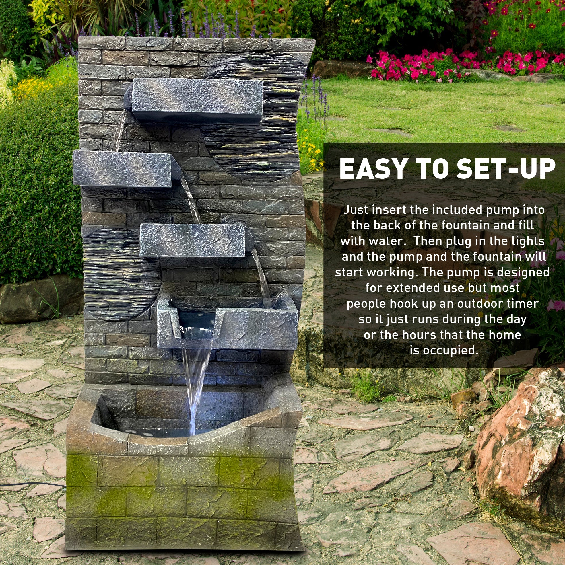 EasyGoProducts 4 Tier Rock Water Fountain with LED Light Made from Fiberglass Resin - Outdoor Or Indoor, Large 40” Tall X 20” Wide, Grey
