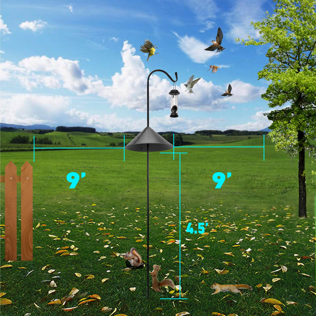 EasyGo Product Shepherd Hook Squirrel Proof Bird Feeder – Wild Bird Station - Powder Coated 90 Inch Steel Pole – Squirrel Baffle – 1 Bird Feeder – 1 Squirrel Peanut Feeder - 5 Prong Base – PATENTS PENDING