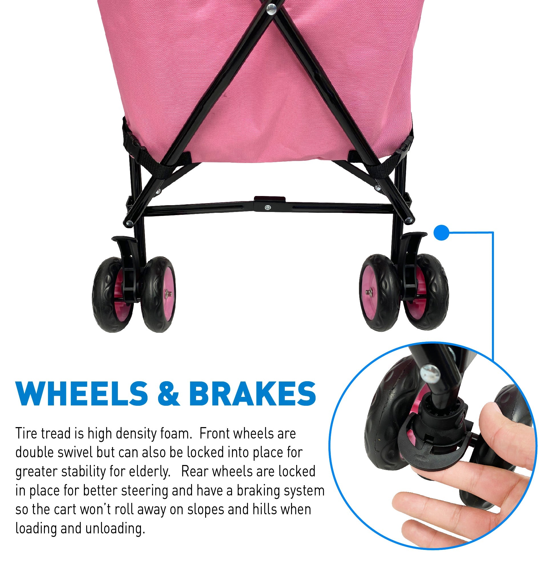 EasyGo Cart Folding Grocery Shopping and Laundry Utility Cart – Removable Water-Resistant Canvas Bag - Front Locking Swivel Wheels – Rear Brakes - Easy Folding - 120lbs Capacity – Copyrighted – Pink