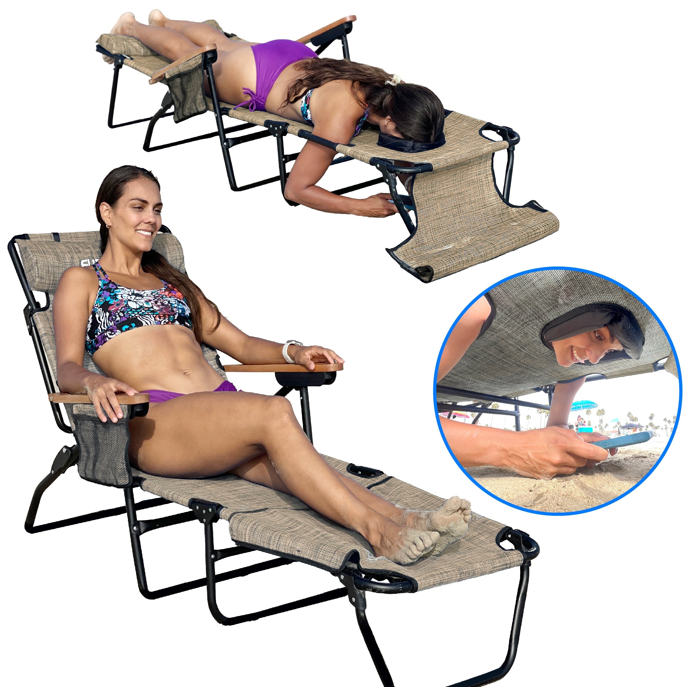 EasyGo Product FLIP Face Down Tanning Chaise Lounge Chair with Face & Arm Holes - 4 Legs Support - Textilene Material - 6 Position - Arm Head Rest Pillow - Beach or Home Use - PATENTS Pending, Tan