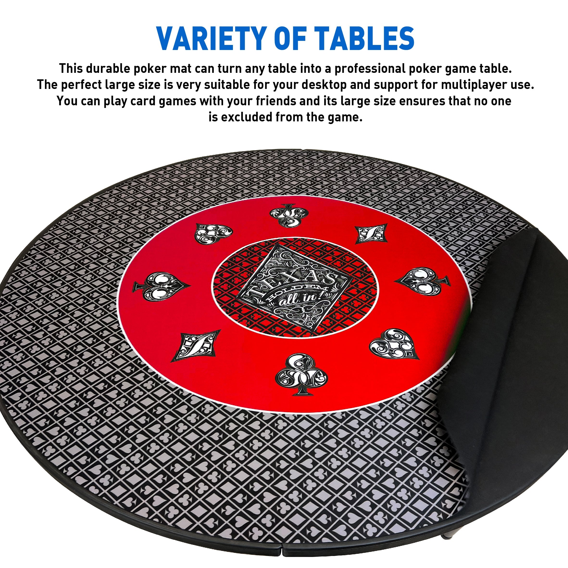 Poker Table Top Pad – for Texas Holdem Casino Style – 48” X 48” Round – Portable Rolling Rubber Folding Mat – Professional 3 Layers-Includes Carry Bag, 48 Black