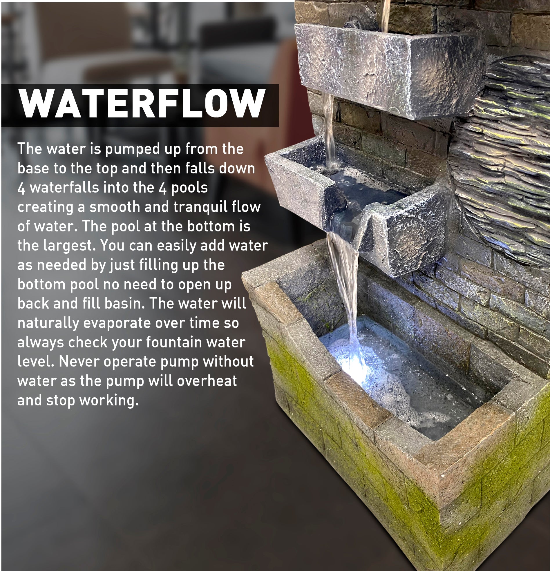 EasyGoProducts 4 Tier Rock Water Fountain with LED Light Made from Fiberglass Resin - Outdoor Or Indoor, Large 40” Tall X 20” Wide, Grey