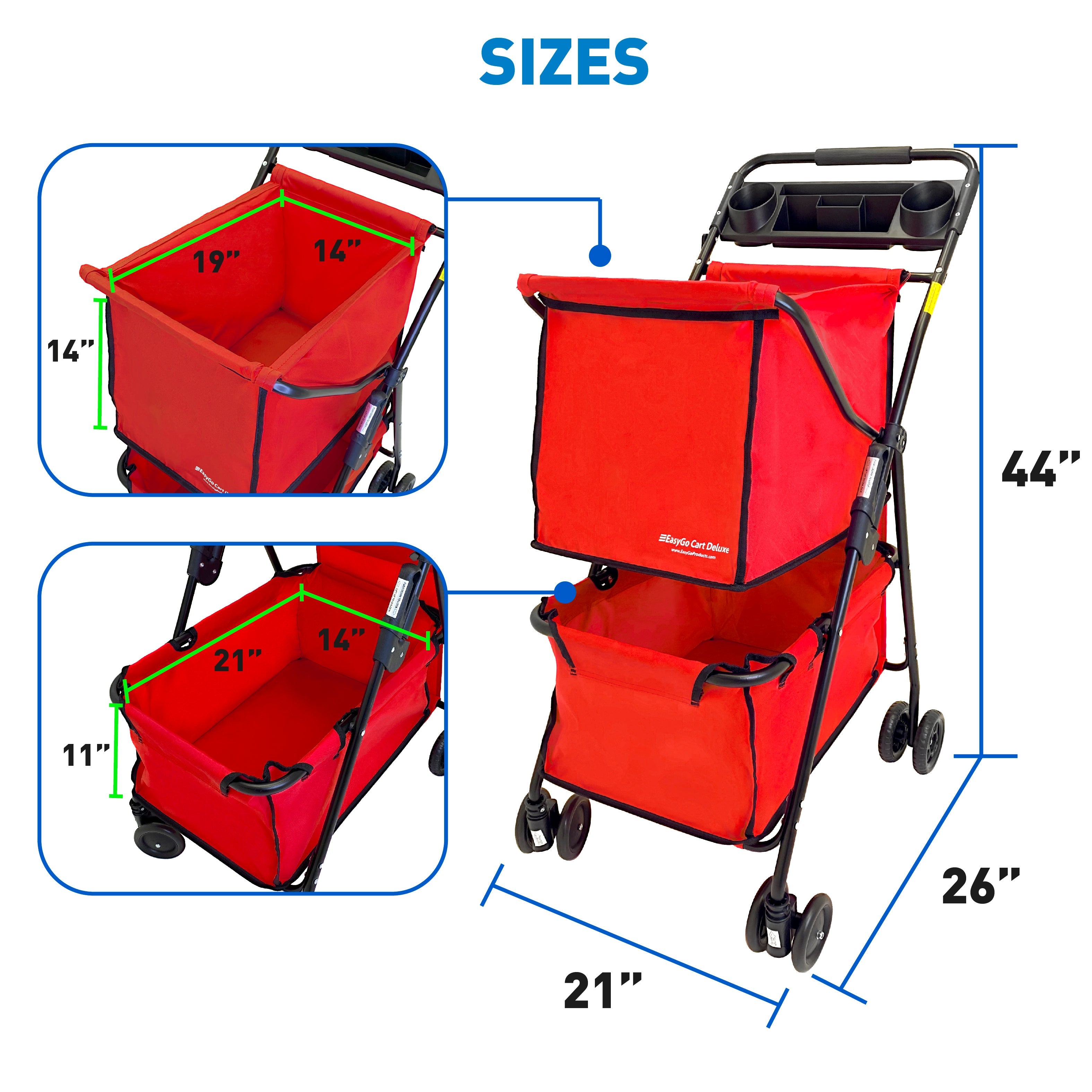 EasyGo Deluxe Cart Folding Grocery Shopping and Laundry Utility Cart – Unique Double Level Cart - Front Swivel Wheels - Easy Folding - 150lbs Capacity – Patent Pending – RED
