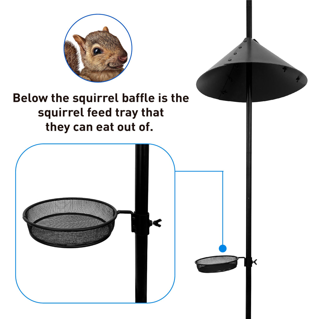EasyGo Product Shepherd Hook Squirrel Proof Bird Feeder – Wild Bird Station - Powder Coated 90 Inch Steel Pole – Squirrel Baffle – 1 Bird Feeder – 1 Squirrel Peanut Feeder - 5 Prong Base – PATENTS PENDING