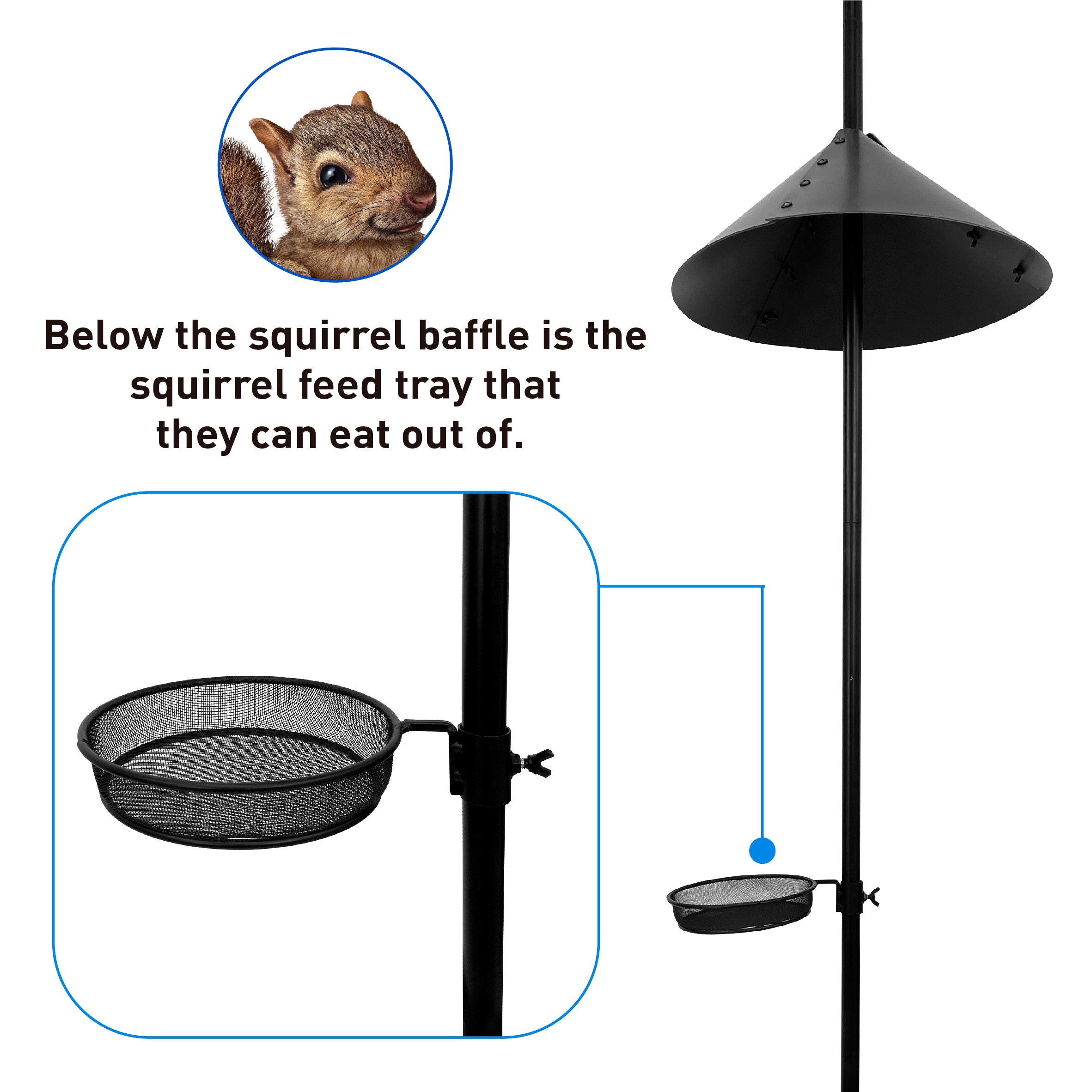 EasyGo Product Shepherd Hook Squirrel Proof Bird Feeder – Wild Bird Station - Powder Coated 90 Inch Steel Pole – Squirrel Baffle – 1 Bird Feeder – 1 Squirrel Peanut Feeder - 5 Prong Base – PATENTS PENDING