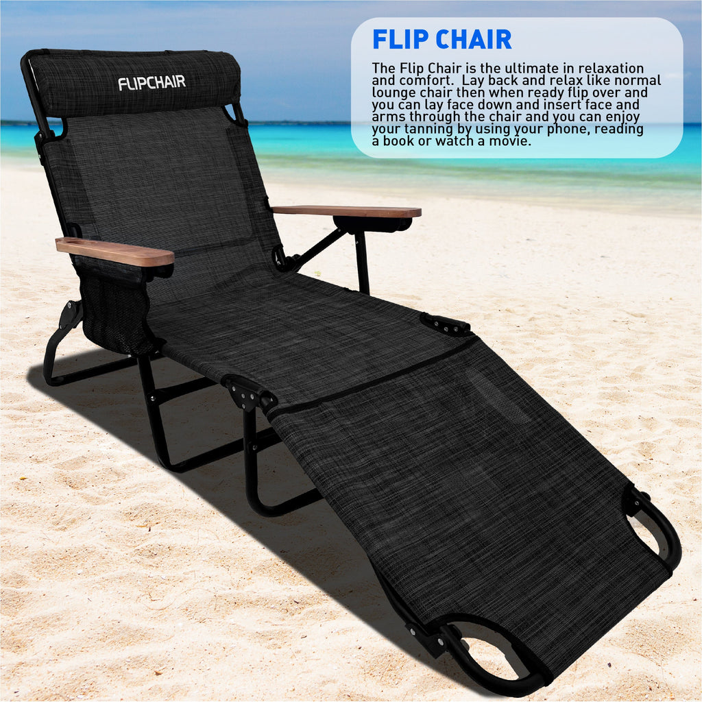 EasyGo Product FLIP Face Down Tanning Chaise Lounge Chair with Face & Arm Holes - 4 Legs Support - Textilene Material - 6 Position - Arm Head Rest Pillow - Beach or Home Use - PATENTS Pending, Black