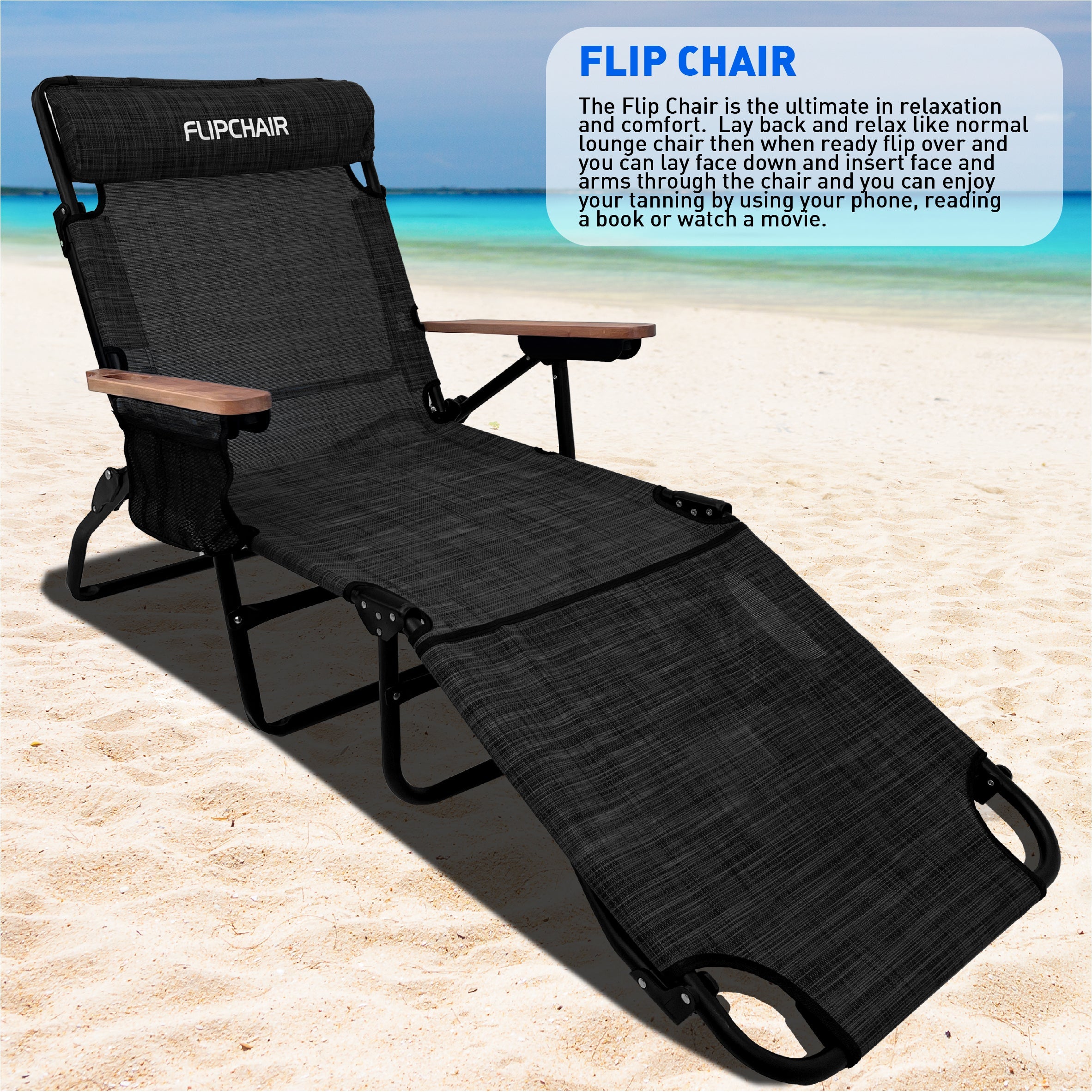EasyGo Product FLIP Face Down Tanning Chaise Lounge Chair with Face & Arm Holes - 4 Legs Support - Textilene Material - 6 Position - Arm Head Rest Pillow - Beach or Home Use - PATENTS Pending, Black