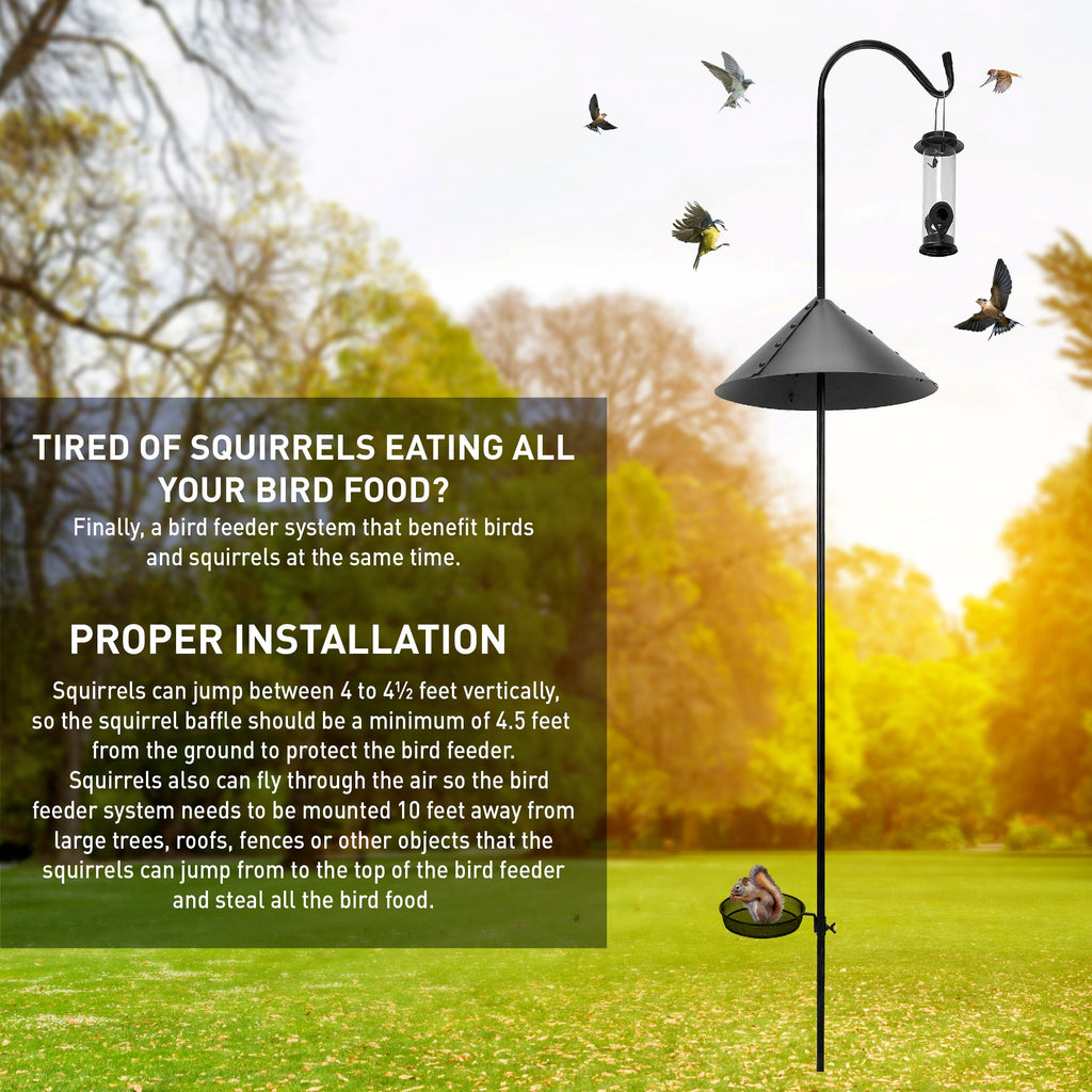 EasyGo Product Shepherd Hook Squirrel Proof Bird Feeder – Wild Bird Station - Powder Coated 90 Inch Steel Pole – Squirrel Baffle – 1 Bird Feeder – 1 Squirrel Peanut Feeder - 5 Prong Base – PATENTS PENDING