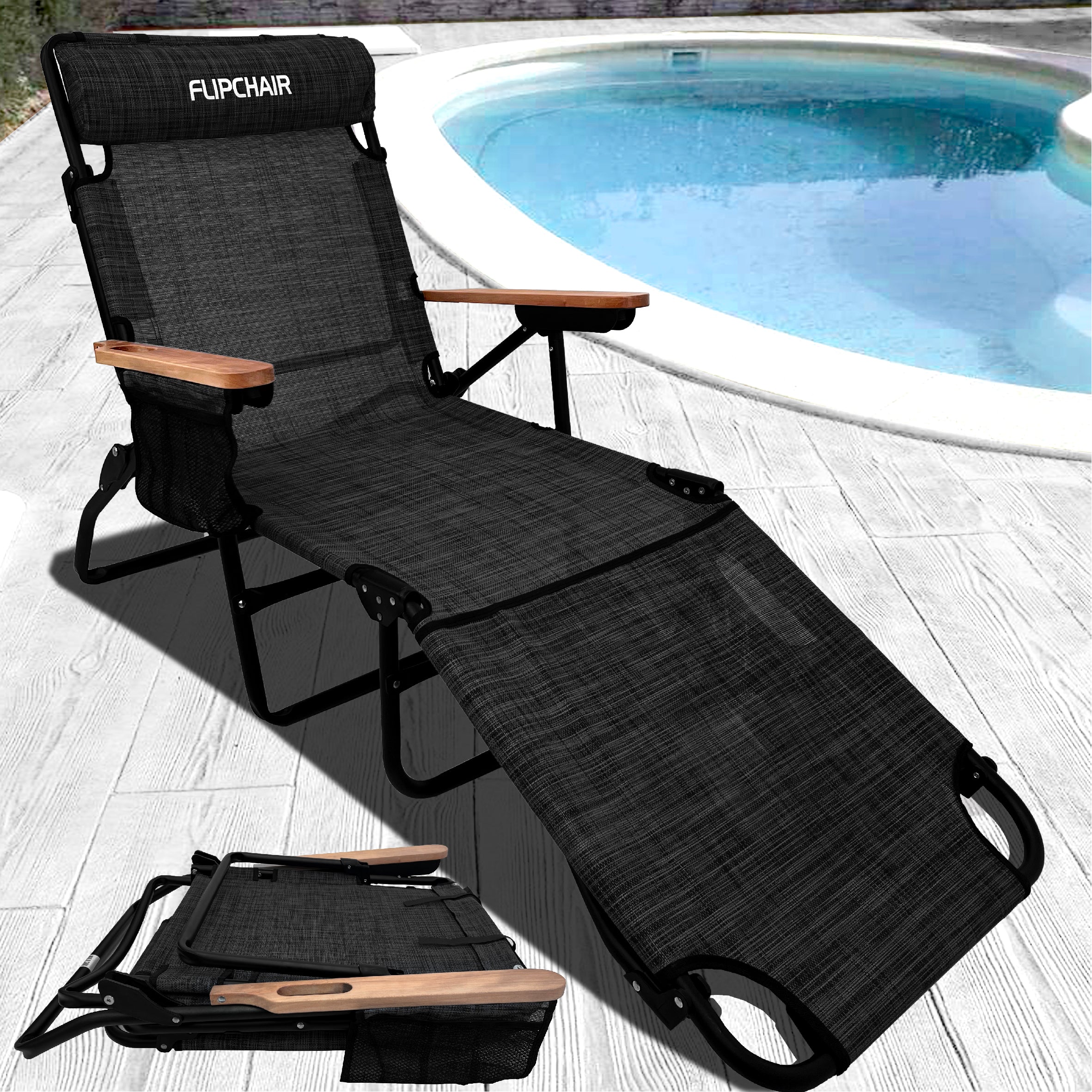 EasyGo Product FLIP Face Down Tanning Chaise Lounge Chair with Face & Arm Holes - 4 Legs Support - Textilene Material - 6 Position - Arm Head Rest Pillow - Beach or Home Use - PATENTS Pending, Black