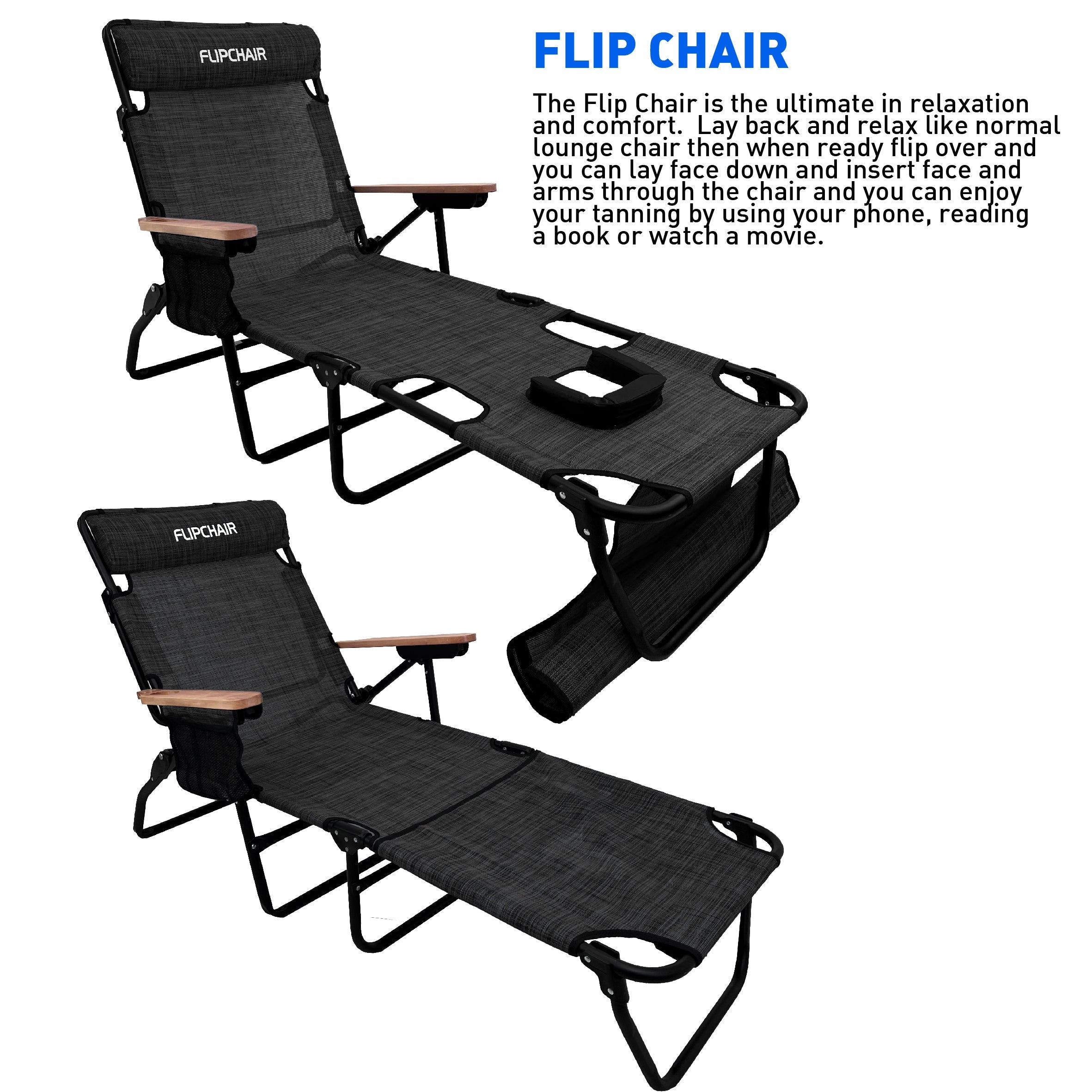 EasyGo Product FLIP Face Down Tanning Chaise Lounge Chair with Face & Arm Holes - 4 Legs Support - Textilene Material - 6 Position - Arm Head Rest Pillow - Beach or Home Use - PATENTS Pending, Black