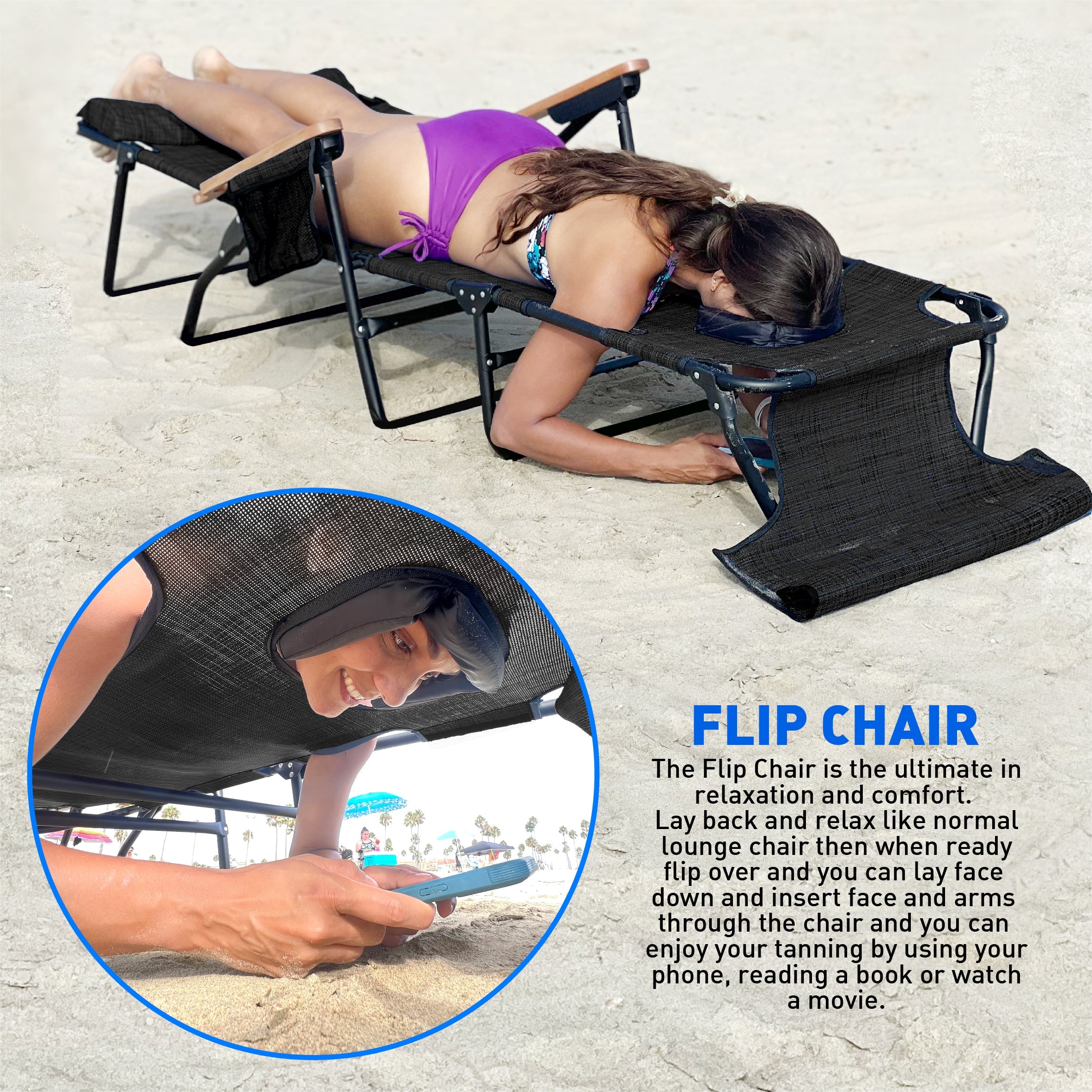 EasyGo Product FLIP Face Down Tanning Chaise Lounge Chair with Face & Arm Holes - 4 Legs Support - Textilene Material - 6 Position - Arm Head Rest Pillow - Beach or Home Use - PATENTS Pending, Black