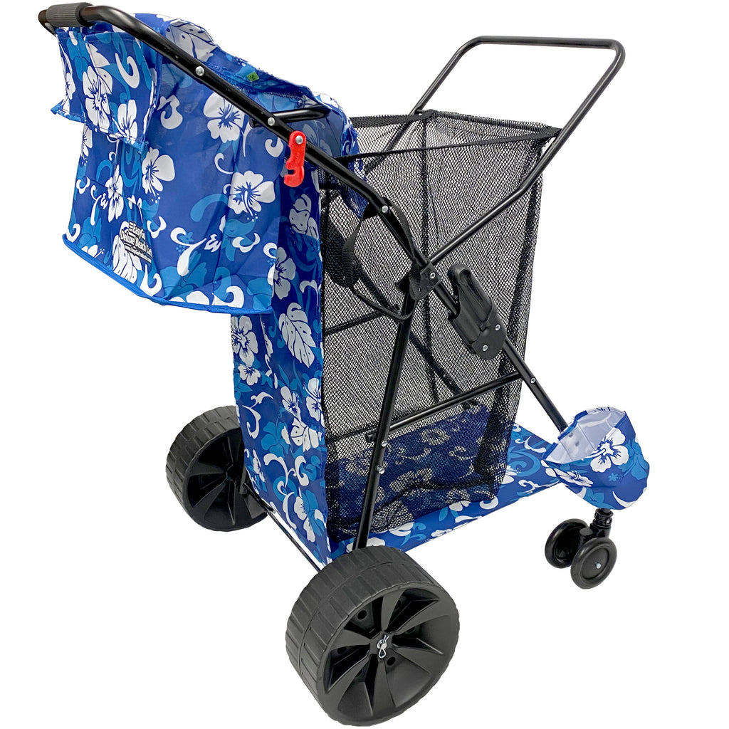 Beach cart Deluxe Flower Pattern EasyGo Beach Cart Deluxe–Heavy Duty Folding Design–Large Wheels for Sand–Holds 4 Beach Chairs–Storage Pouch–Beach Umbrella Holder–Removable Beach Bag-Flower Pattern