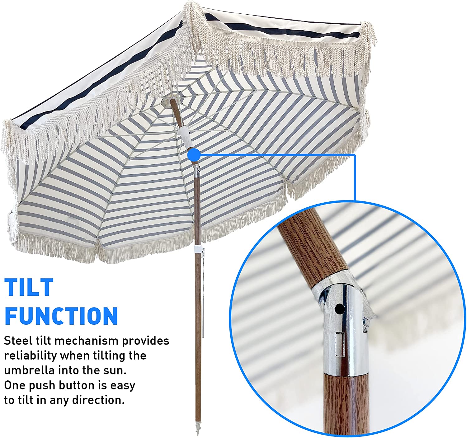 Tassel Beach Umbrella 7 Foot – Designer Umbrella Fringed Tassels – Wood Grain Steel Pole – Tilt Function – Ground Stake - UPF 50+ UV Sun Protection - Exotic Tan Color Striped – Carry Bag