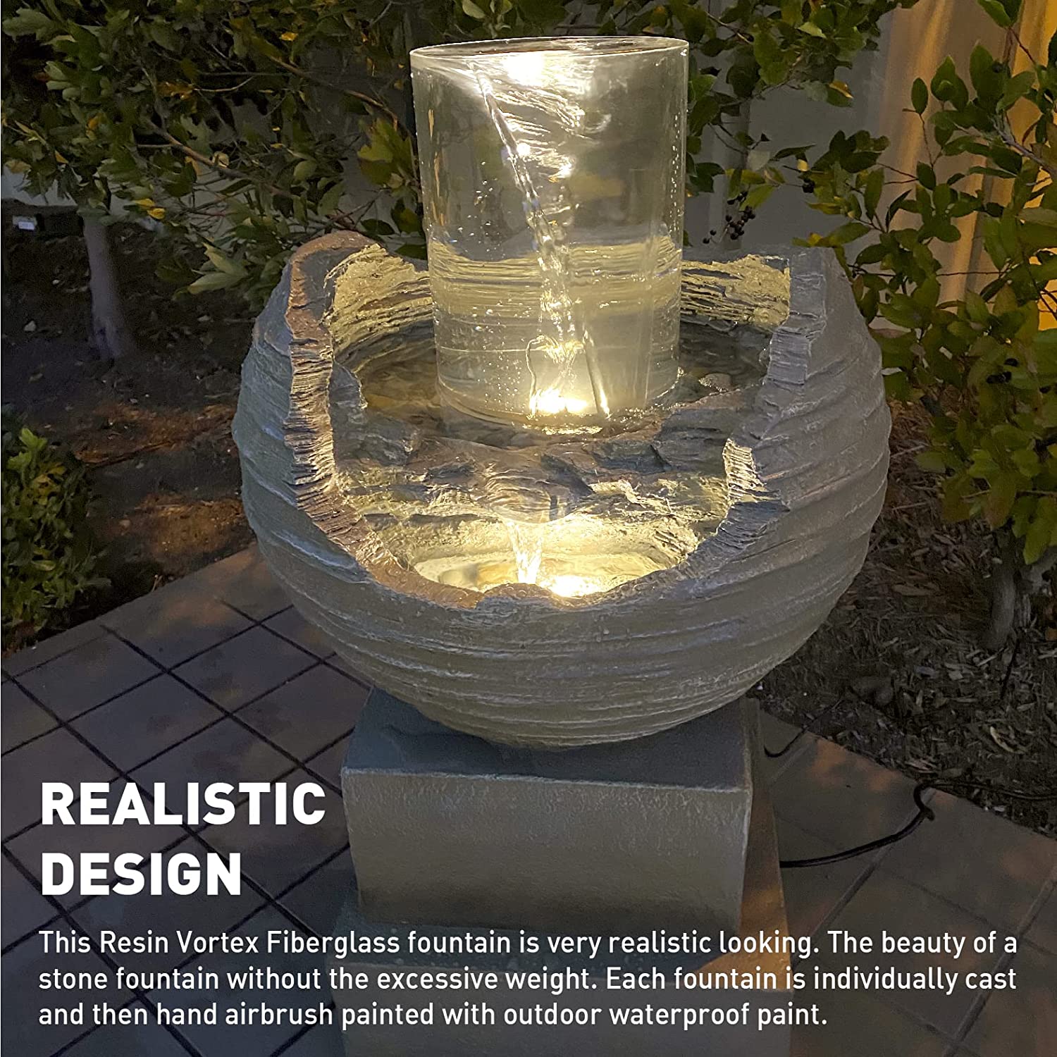 Vortex Rock Water Fountain with 6 LED Lights –Fiberglass Resin – Outdoor or Indoor Use – 2 Lights - Large 36” Tall X 21” Wide