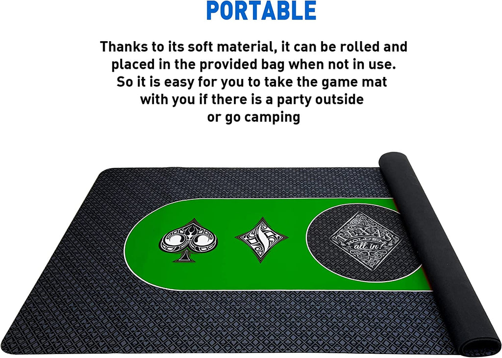 Poker Table Top Pad – for Texas Holdem Casino Style – 78” X 36” Rectangle – Portable Rolling Rubber Folding Mat – Professional 3 Layers-Includes Carry Bag, 72 Green