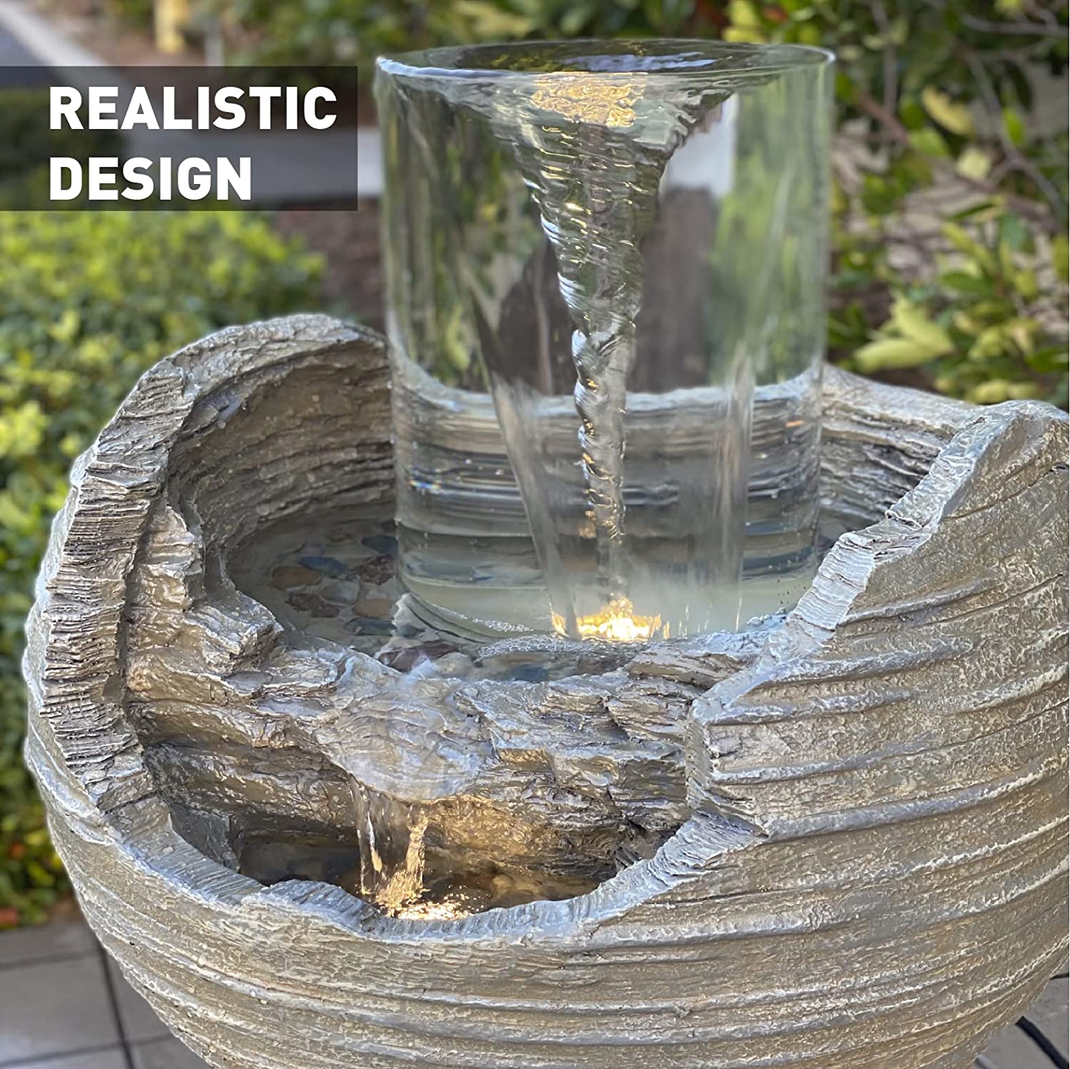 Vortex Rock Water Fountain with 6 LED Lights –Fiberglass Resin – Outdoor or Indoor Use – 2 Lights - Large 36” Tall X 21” Wide