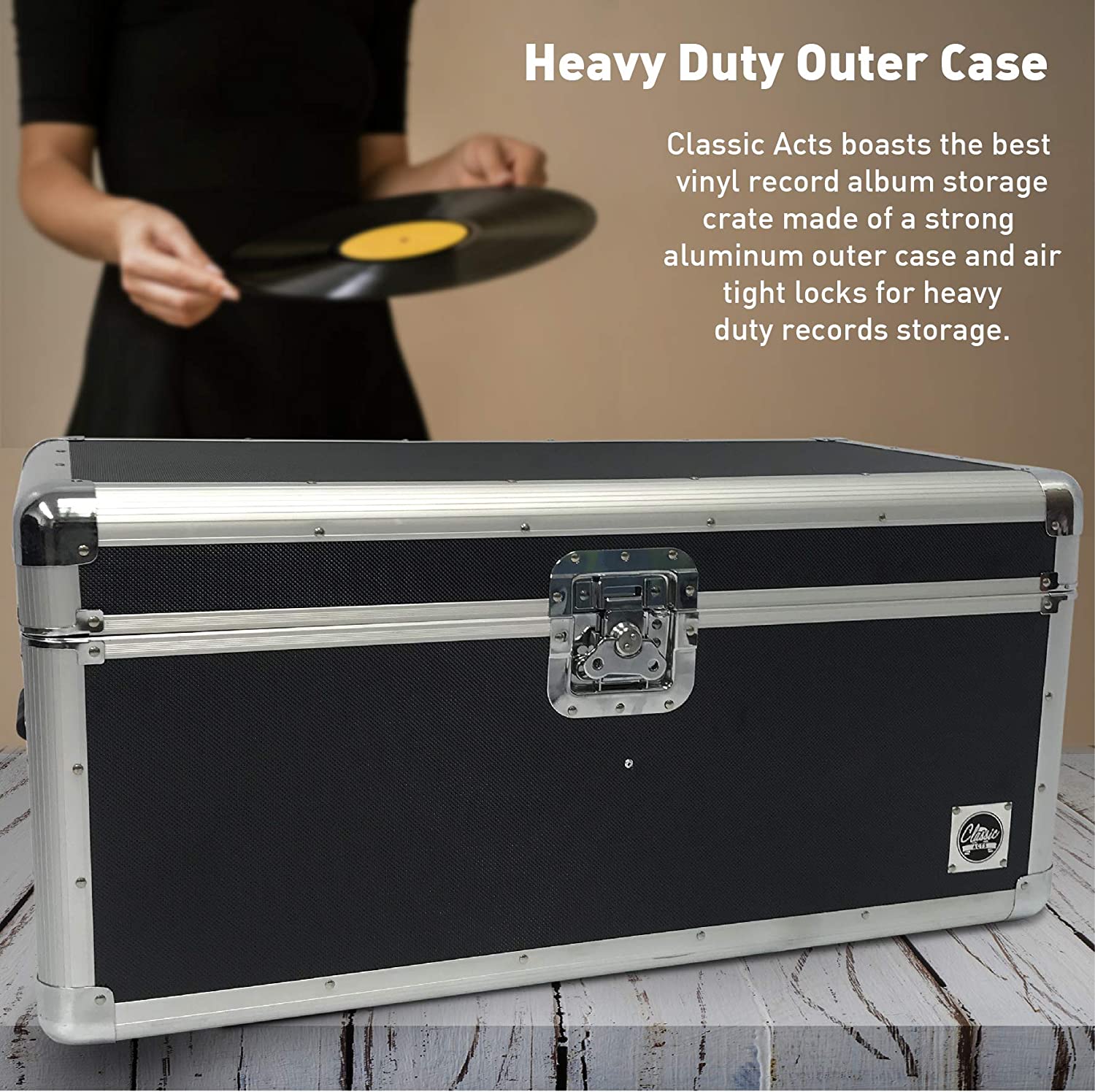 Classic Acts Vinyl Record Album Storage Case – Aluminum Lp Record Player Crates for Records – Holds up to 150 Records