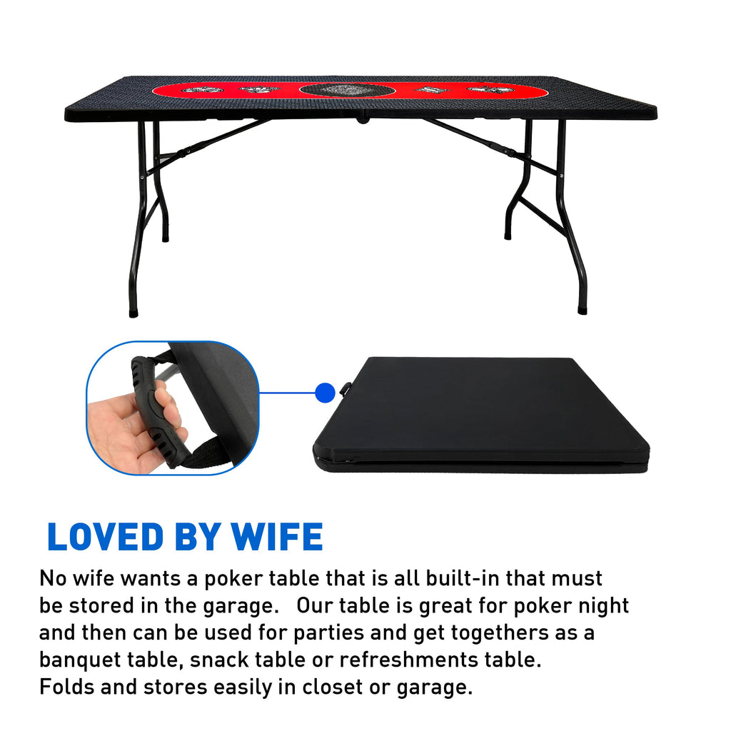 Poker Table & Top Pad – Great for Texas Holdem Casino Style – 78” X 36” Rectangle Table and Mat – Portable Rolling Rubber is Foldable – Professional 3 Layers - Includes Carry Bag, Black