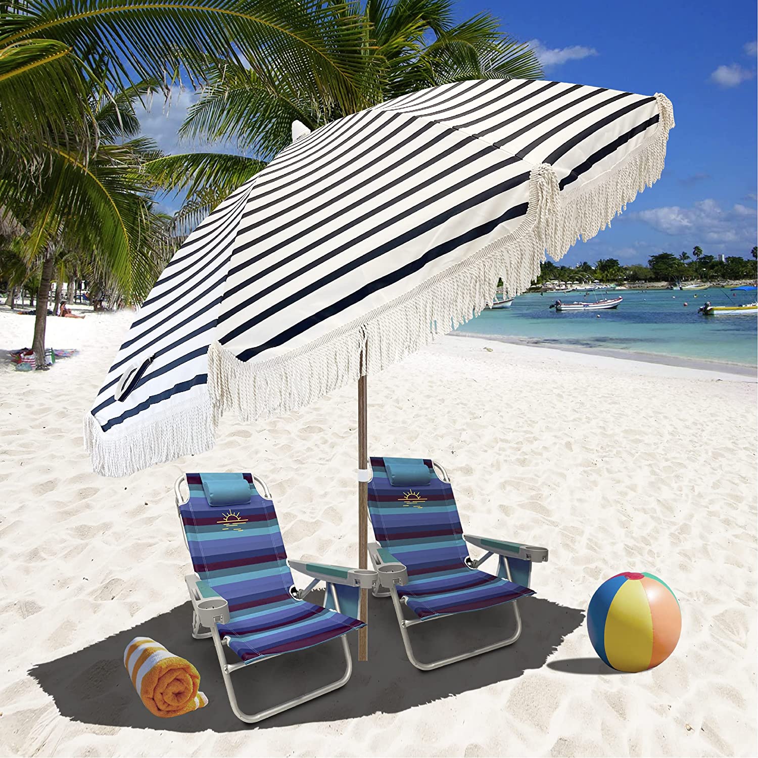 Tassel Beach Umbrella 7 Foot – Designer Umbrella Fringed Tassels – Wood Grain Steel Pole – Tilt Function – Ground Stake - UPF 50+ UV Sun Protection - Exotic Tan Color Striped – Carry Bag
