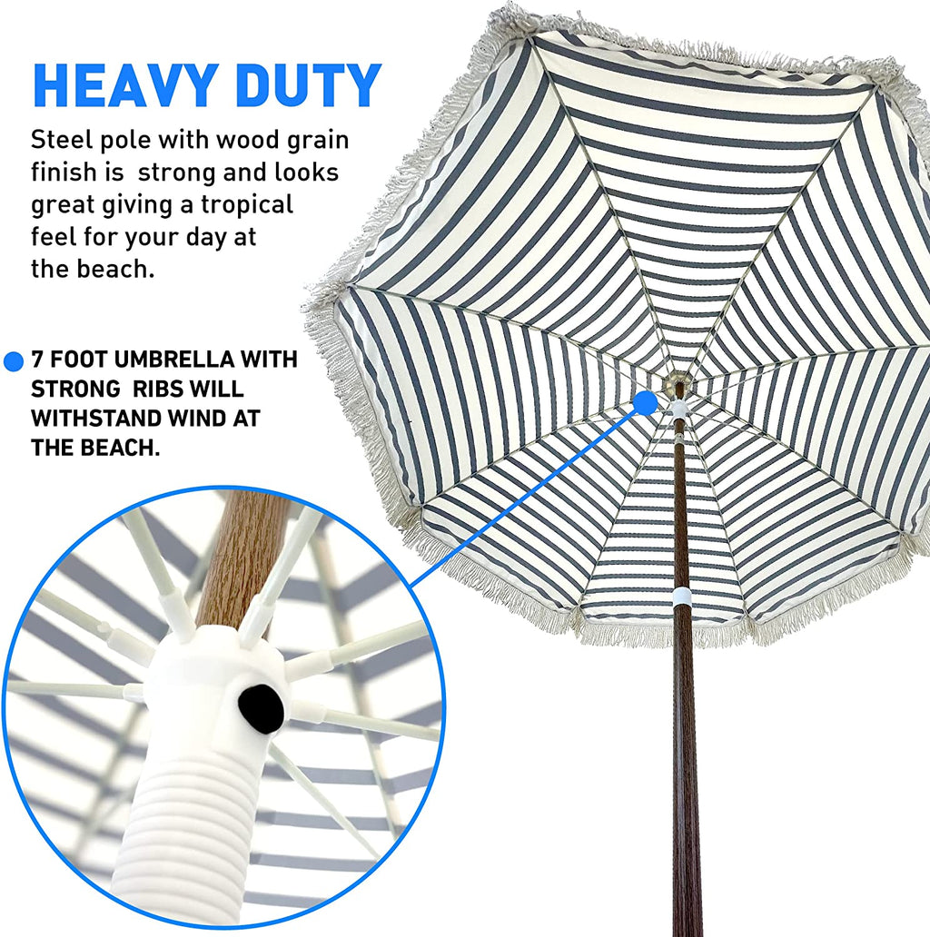Tassel Beach Umbrella 7 Foot – Designer Umbrella Fringed Tassels – Wood Grain Steel Pole – Tilt Function – Ground Stake - UPF 50+ UV Sun Protection - Exotic Tan Color Striped – Carry Bag