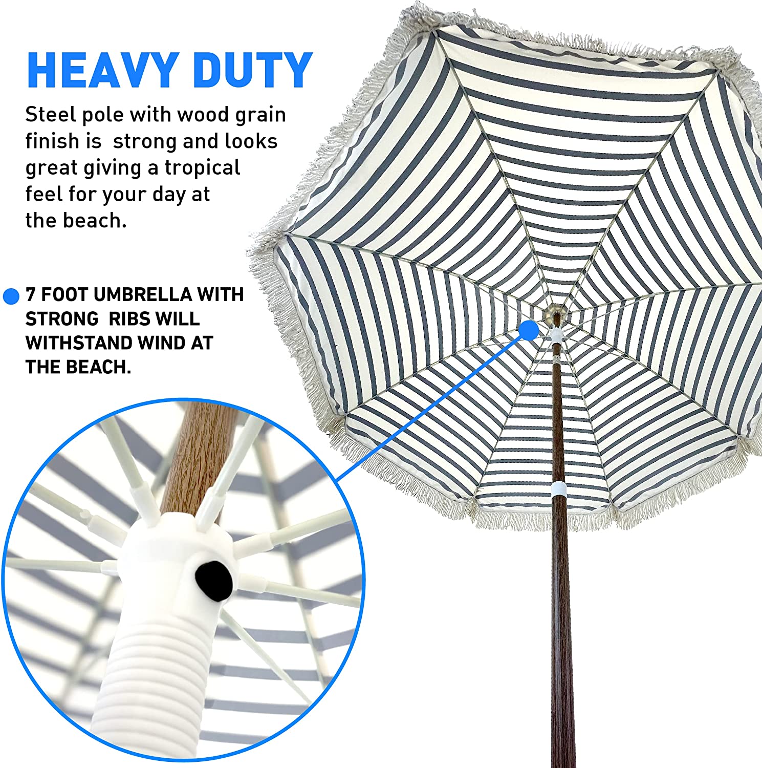 Tassel Beach Umbrella 7 Foot – Designer Umbrella Fringed Tassels – Wood Grain Steel Pole – Tilt Function – Ground Stake - UPF 50+ UV Sun Protection - Exotic Tan Color Striped – Carry Bag