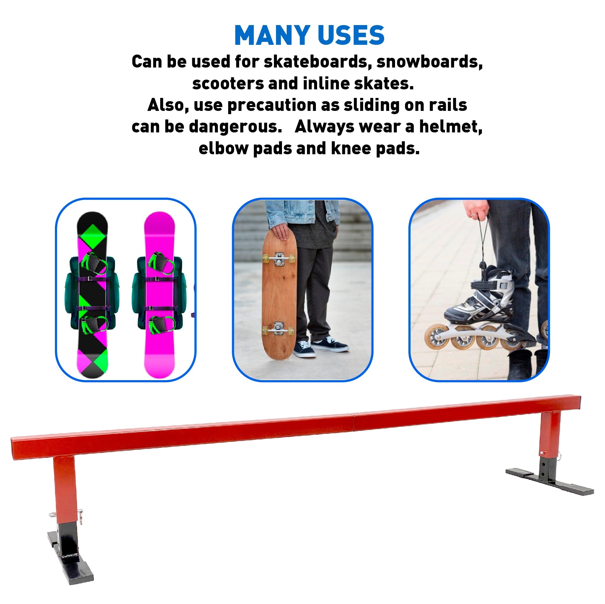 Rad Rail Skateboard Ramp Grind Rail – Heavy Duty 1.75” Square Flat Bar – 3 Height Adjust – 5 Foot Long – Driveway, Street, Ramp or Skatepark - Snowboard, Scooter Etc. – No Tools Required, Red/Black