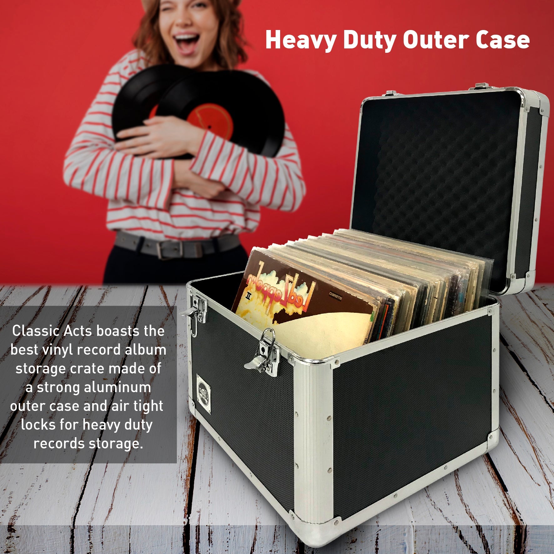 Classic Acts Vinyl Record Album Storage Case – Aluminum Lp Record Player Crates for Records – Holds up to 75 Records