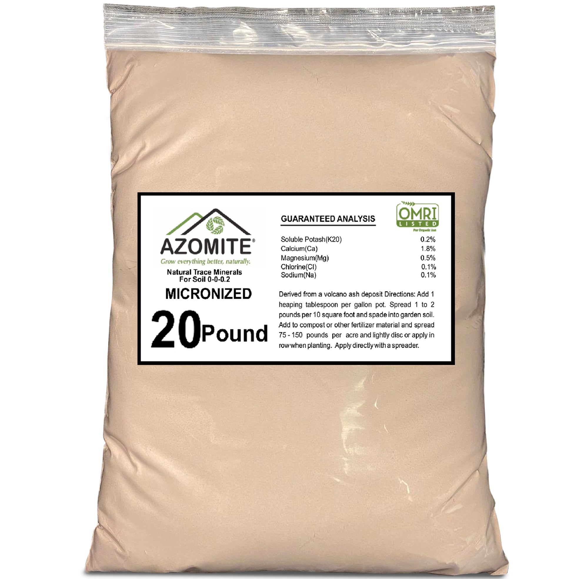 Azomite Organic Micronized Trace 0-0.2 Fertilizer Bulk Bag of 67 Essential Minerals OMRI Certified, 20Lbs White