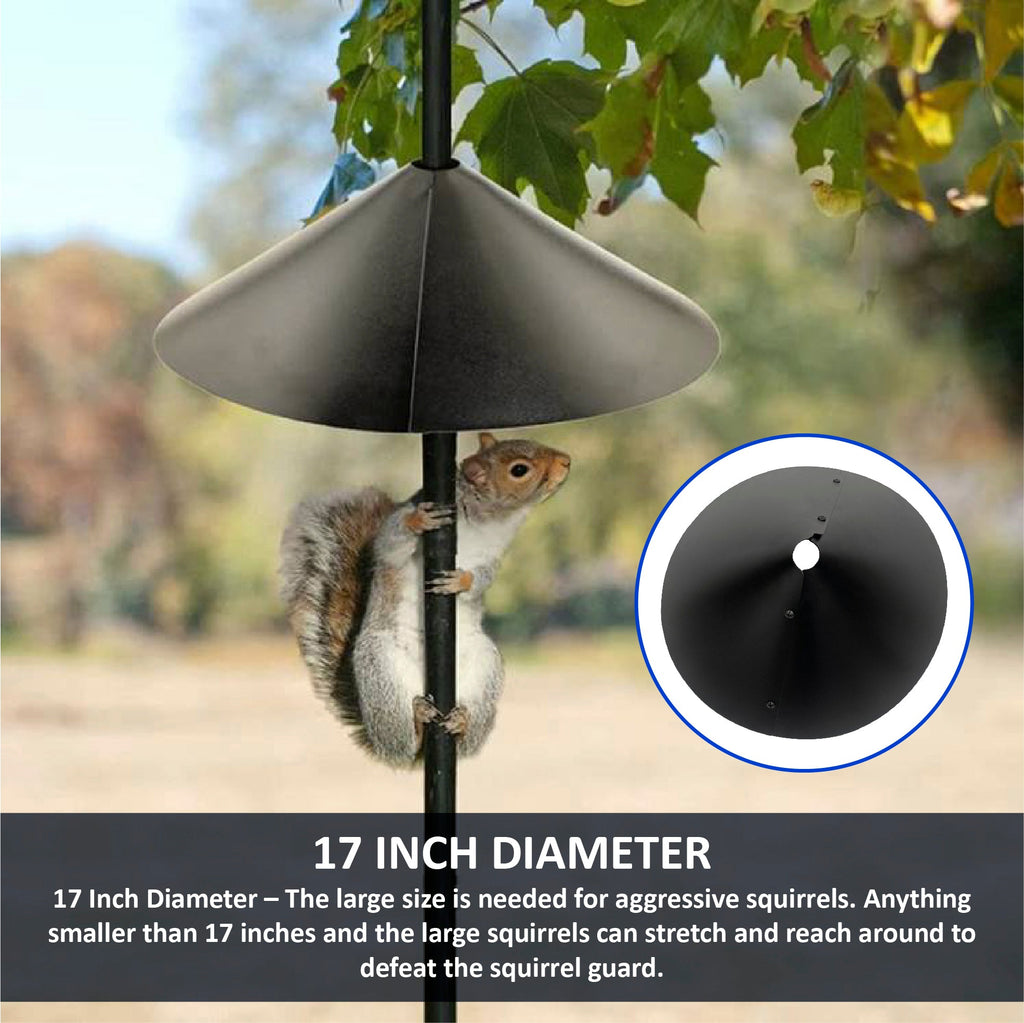 Squirrel Proof Bird Feeder Baffle Guard – Pole Mount and Hanging - Powder Coated Steel – Wrap Around Heavy-Duty Steel Design – Includes All Accessories – Black - 18 Inch Diameter – 1 Pack