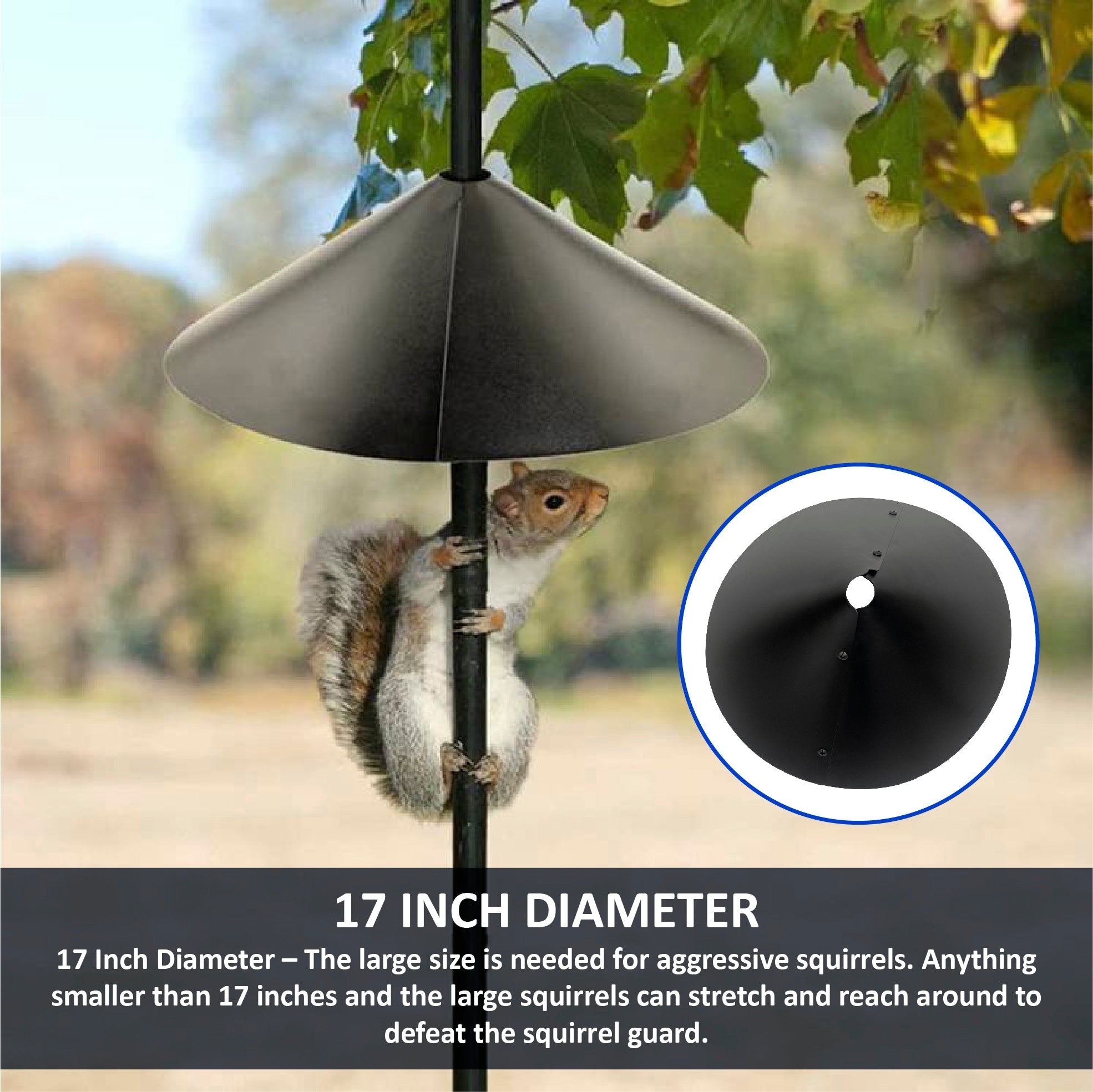 Squirrel Proof Bird Feeder Baffle Guard – Pole Mount and Hanging - Powder Coated Steel – Wrap Around Heavy-Duty Steel Design – Includes All Accessories – Black - 18 Inch Diameter – 1 Pack