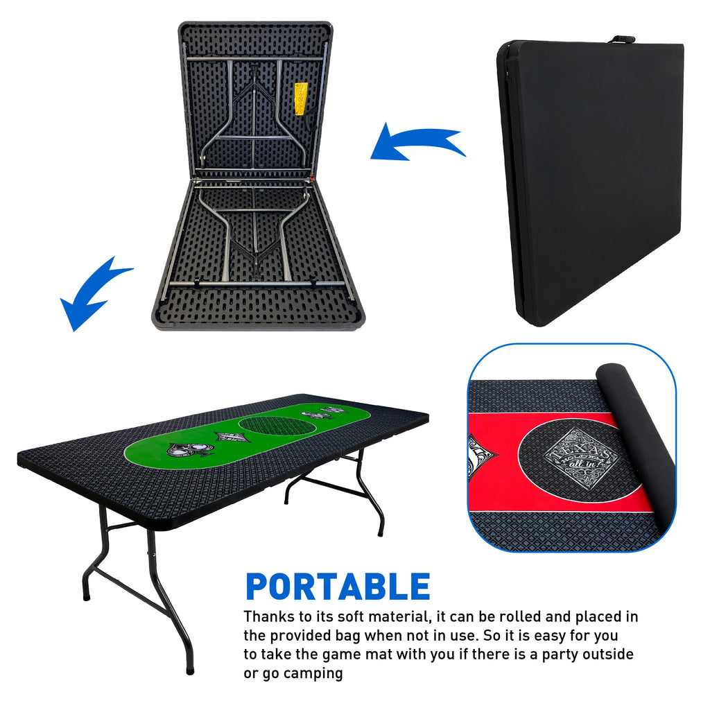 Poker Table & Top Pad – Great for Texas Holdem Casino Style – 78” X 36” Rectangle Table and Mat – Portable Rolling Rubber is Foldable – Professional 3 Layers - Includes Carry Bag, Black