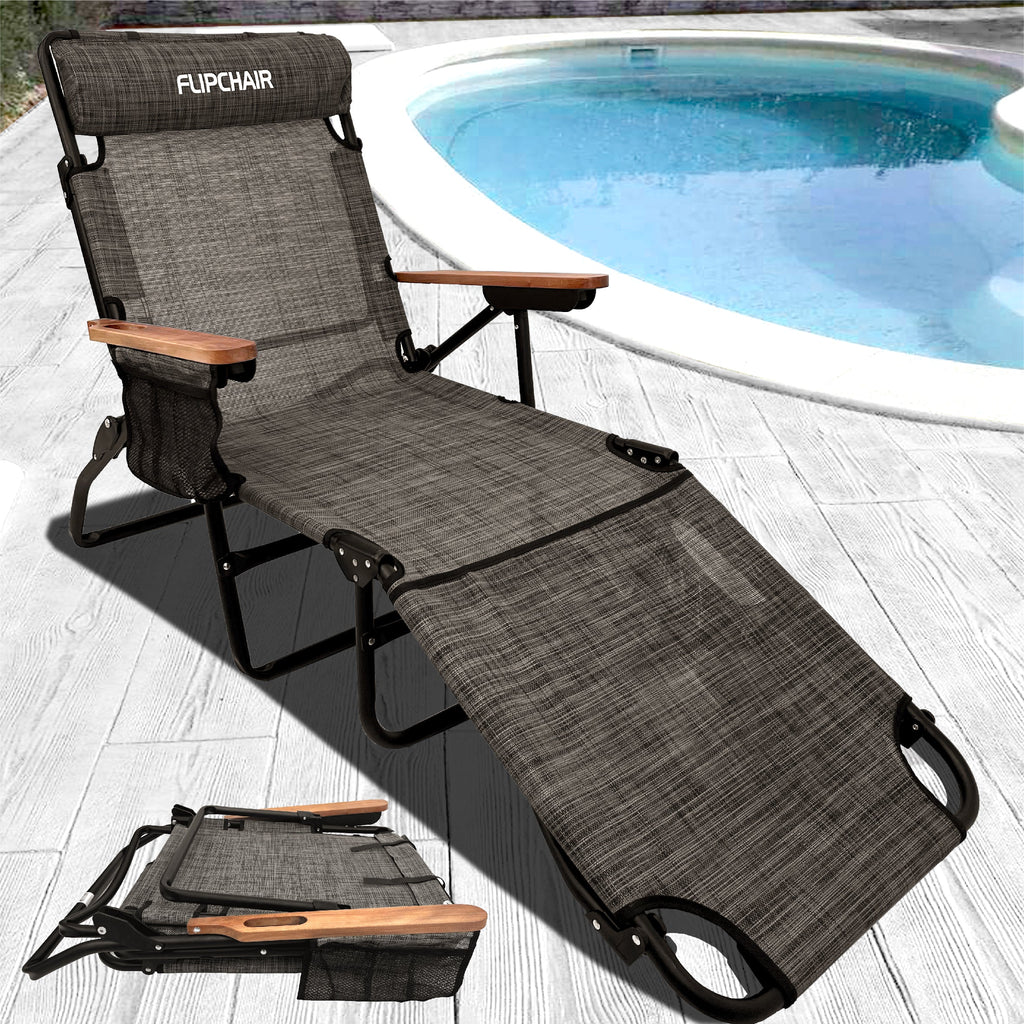 EasyGo Product FLIP Face Down Tanning Chaise Lounge Chair with Face & Arm Holes - 4 Legs Support - Textilene Material - 6 Position - Arm Head Rest Pillow - Beach or Home Use - PATENTS Pending, Brown