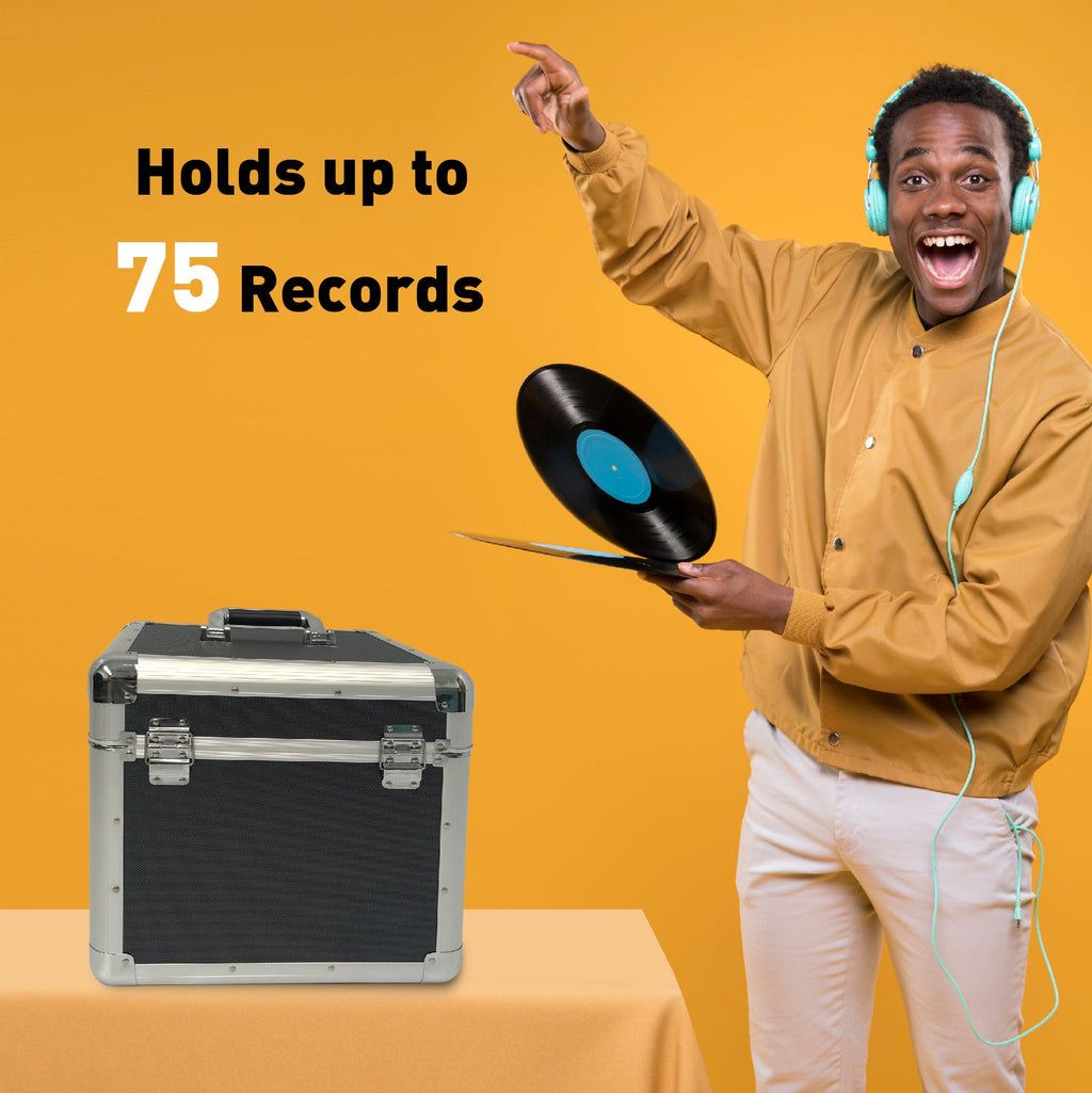Classic Acts Vinyl Record Album Storage Case – Aluminum Lp Record Player Crates for Records – Holds up to 75 Records