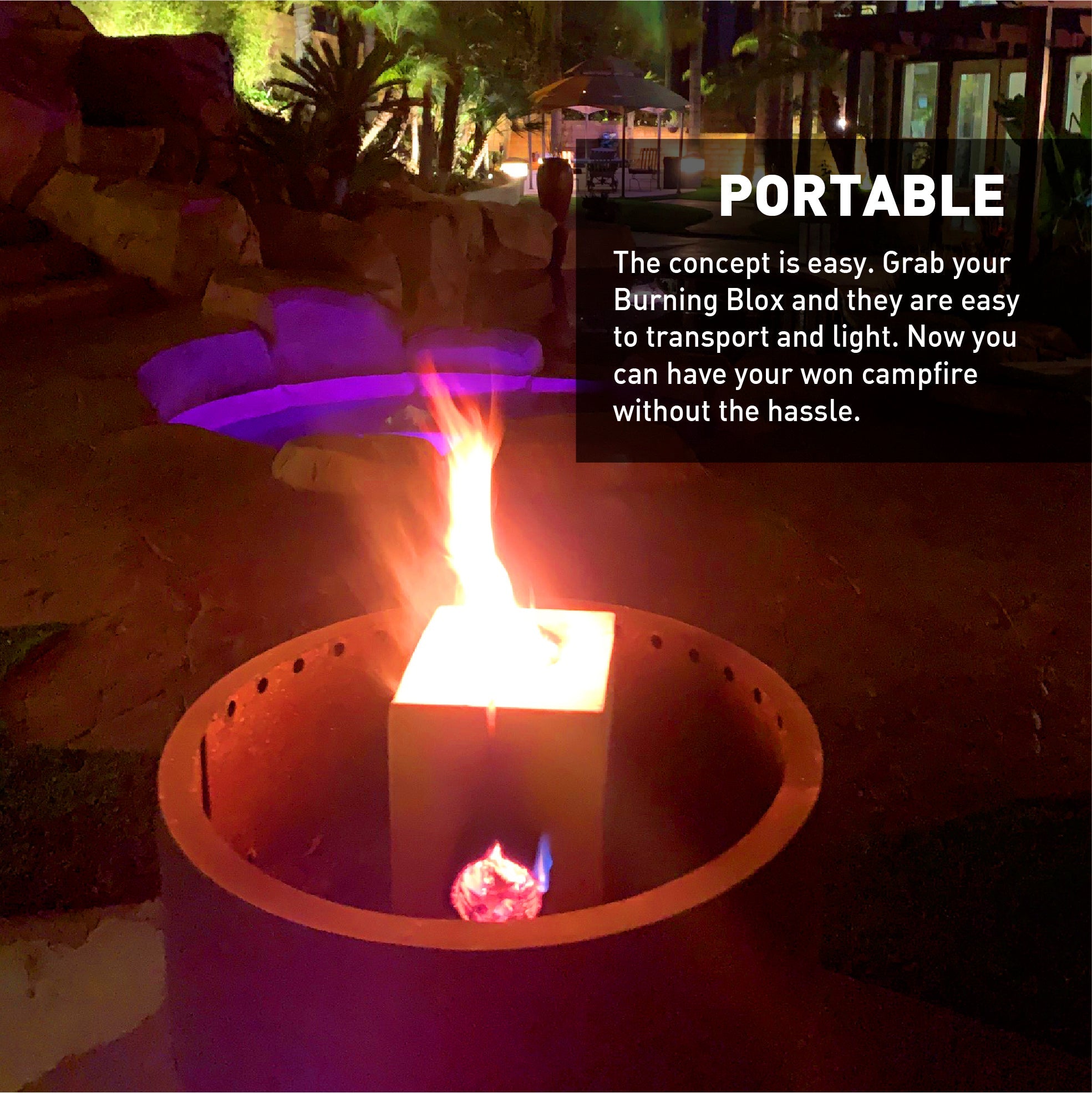 Burning BLOX Campfire Bonfire Firewood – Easy Light – Easy Clean-Up – Great for Camping, Beach and Cooking – Burns from Inside Out – 8” x 8” X 8” – Burns 2 Hours - Bonus 2 Fatwood Starters – Qty 1
