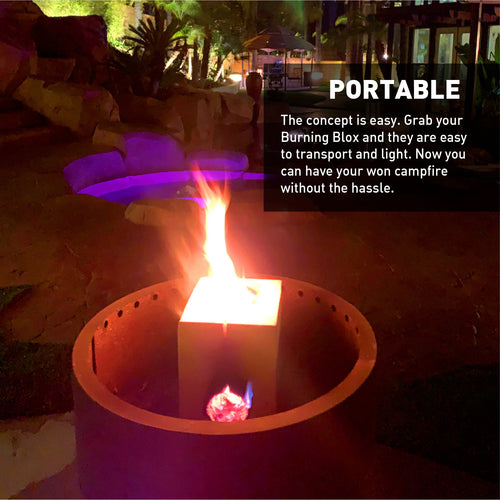 Burning BLOX Campfire Bonfire Firewood – Easy Light – Easy Clean-Up – Great for Camping, Beach and Cooking – Burns from Inside Out – 8” x 8” X 8” – Burns 2 Hours - Bonus 2 Fatwood Starters – Qty 1