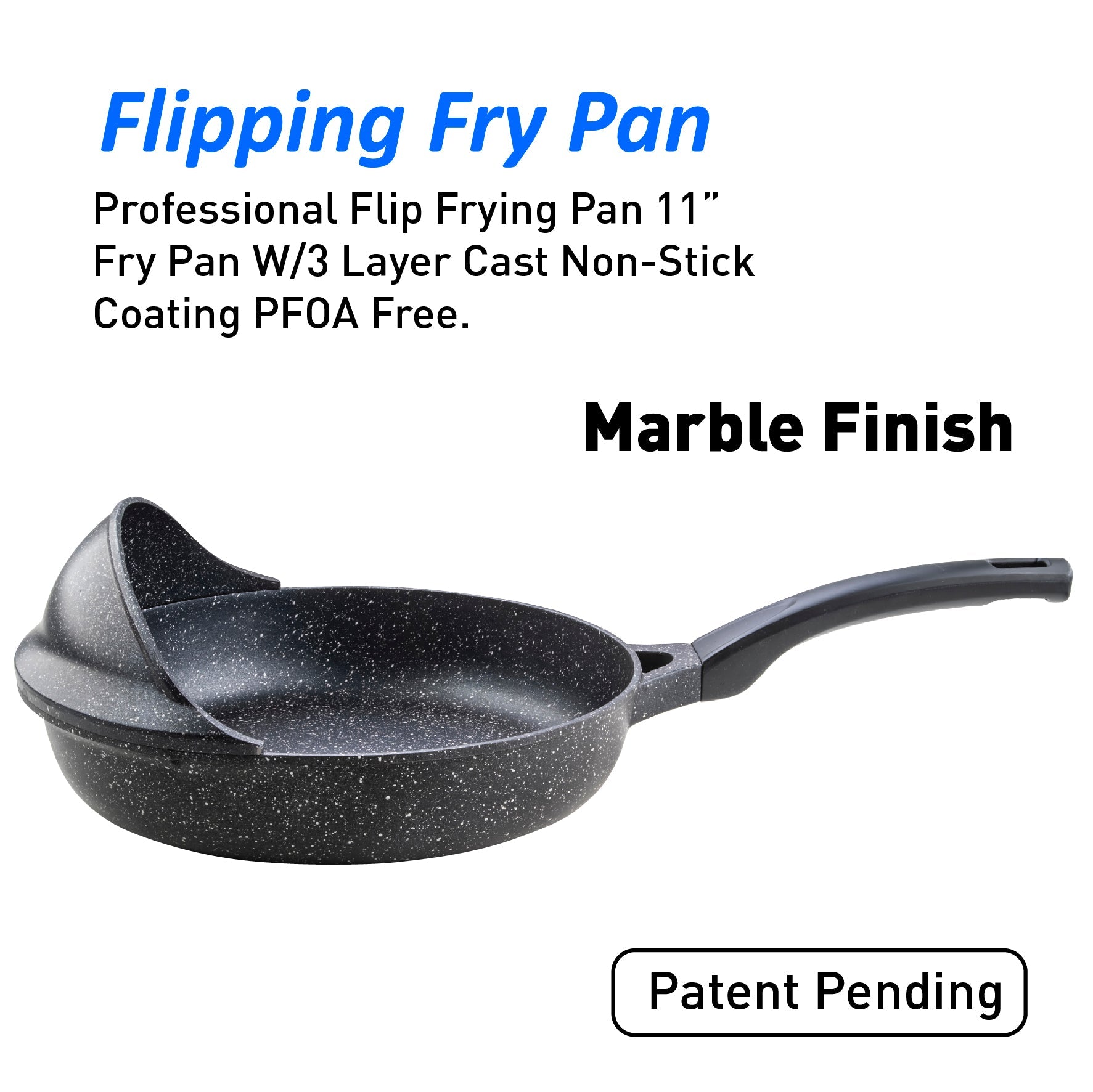 Professional Flip Frying Pan 11” – Fry Pan W/3 Layer Cast Non-Stick Coating – PFOA Free - Marble Finish - Patent Pending