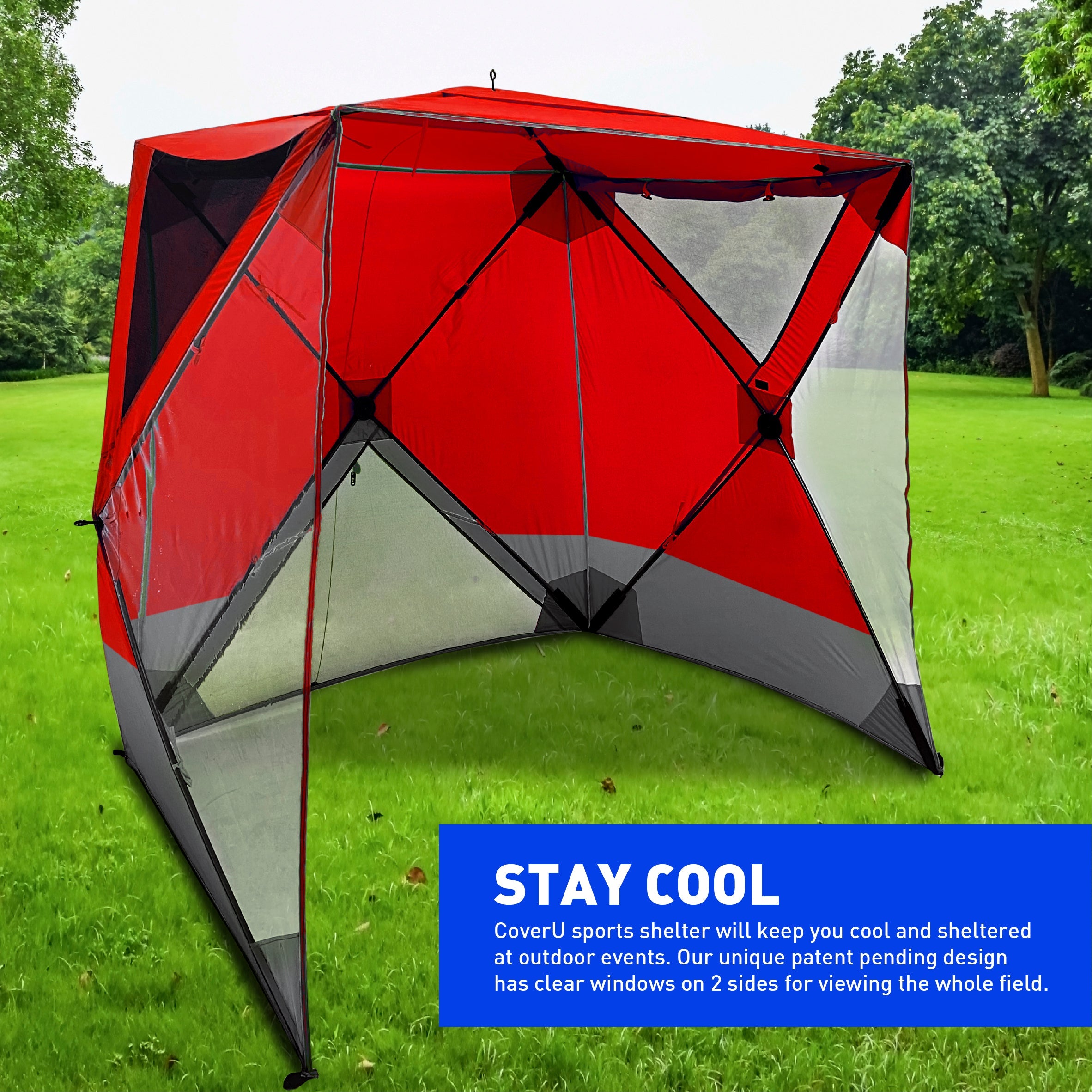 CoverU Sports Tent Pod SUN Protection – Pop Up 2 Person Hot Climate Canopy Shelter – Patent Pending - RED