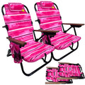 Backpack Beach Chair - 5 Positions and Lays Flat – Deluxe Wood Arm Rests – Cup Holder Storage Pouch on Side - Padded Pillow - Storage Bag on Back – Lightweight Rustproof Aluminum – 2 Pack Pink Stripes