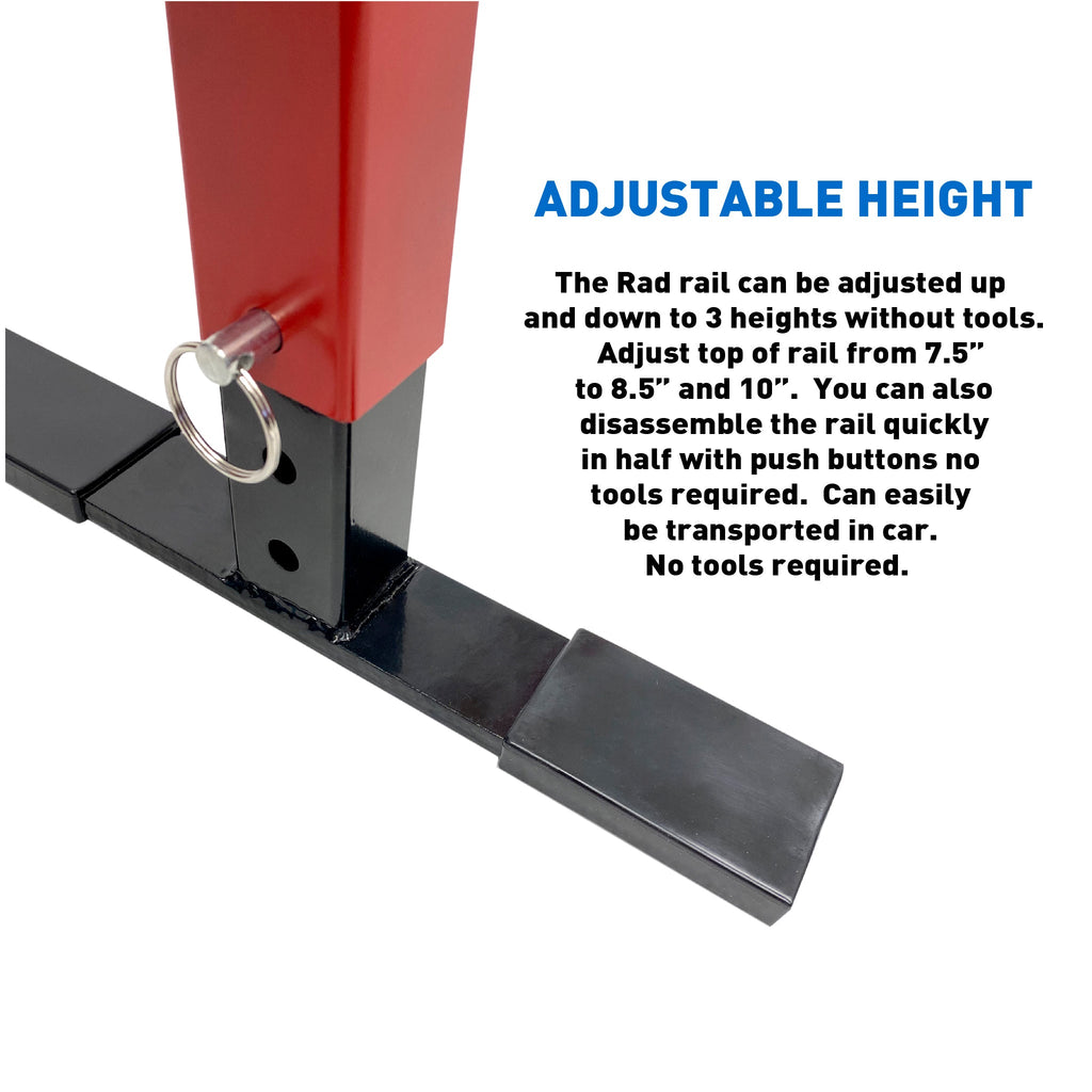 Rad Rail Skateboard Ramp Grind Rail – Heavy Duty 1.75” Square Flat Bar – 3 Height Adjust – 5 Foot Long – Driveway, Street, Ramp or Skatepark - Snowboard, Scooter Etc. – No Tools Required, Red/Black