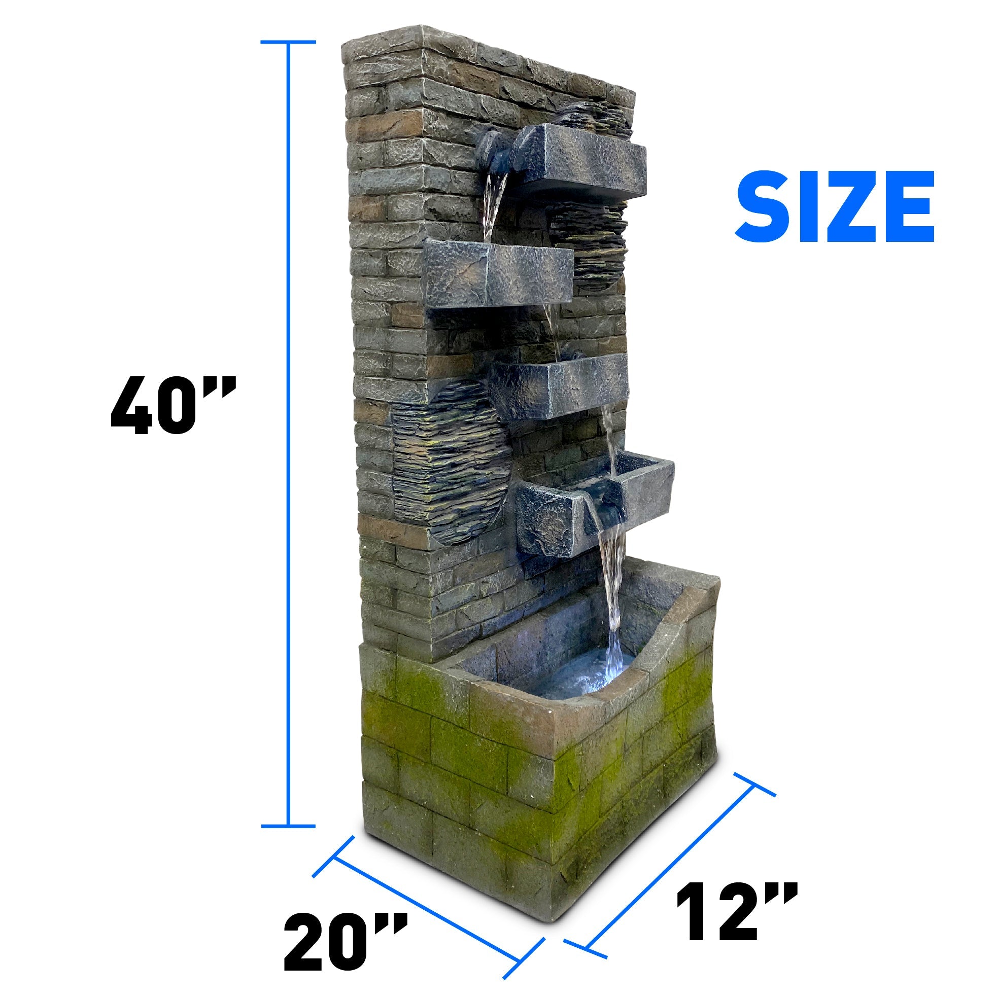 EasyGoProducts 4 Tier Rock Water Fountain with LED Light Made from Fiberglass Resin - Outdoor Or Indoor, Large 40” Tall X 20” Wide, Grey