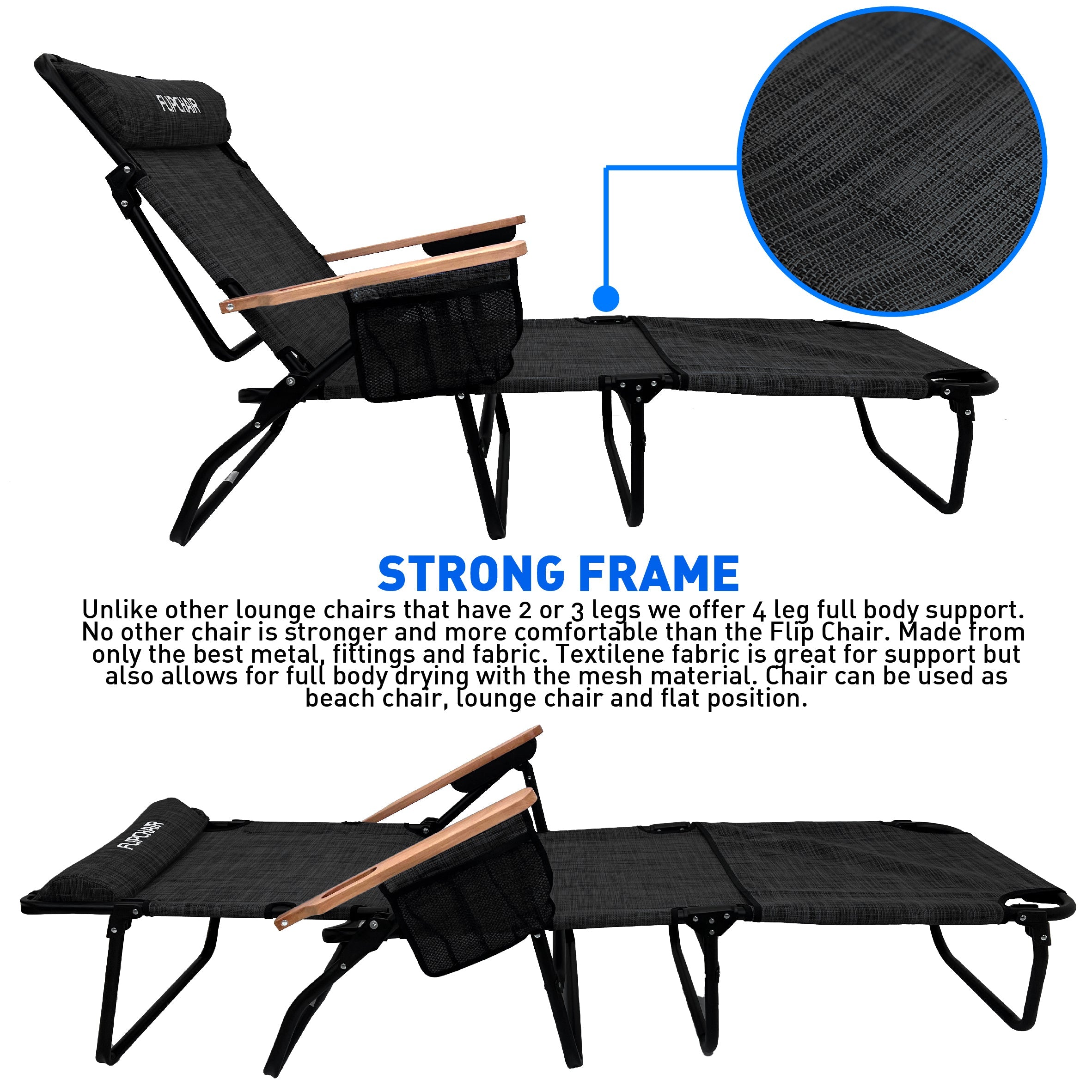 EasyGo Product FLIP Face Down Tanning Chaise Lounge Chair with Face & Arm Holes - 4 Legs Support - Textilene Material - 6 Position - Arm Head Rest Pillow - Beach or Home Use - PATENTS Pending, Black