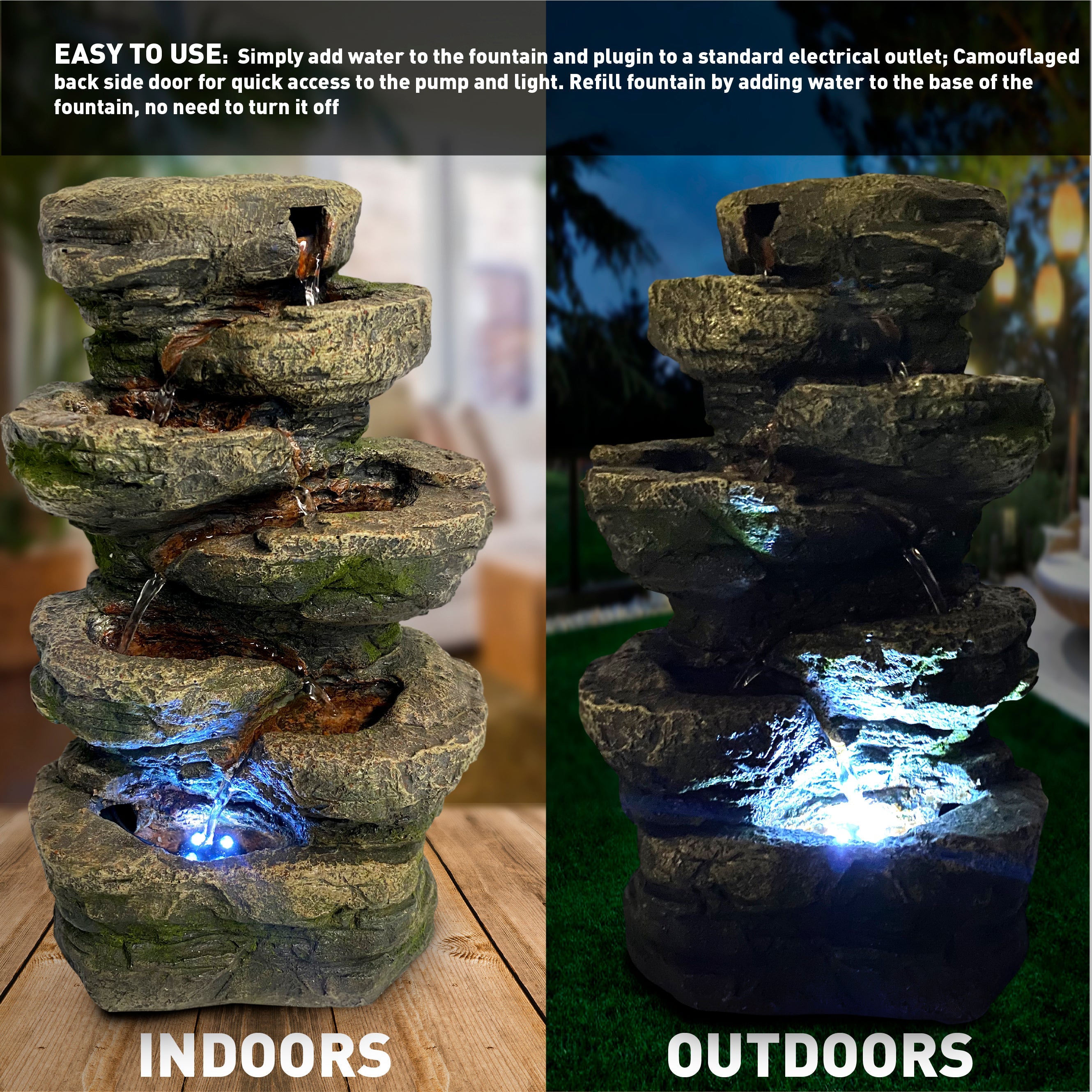 4-Tier Stone Tabletop Water Fountain with LED Lights - Soothing Water Sound - Small Decorative Waterfall Feature for Hom